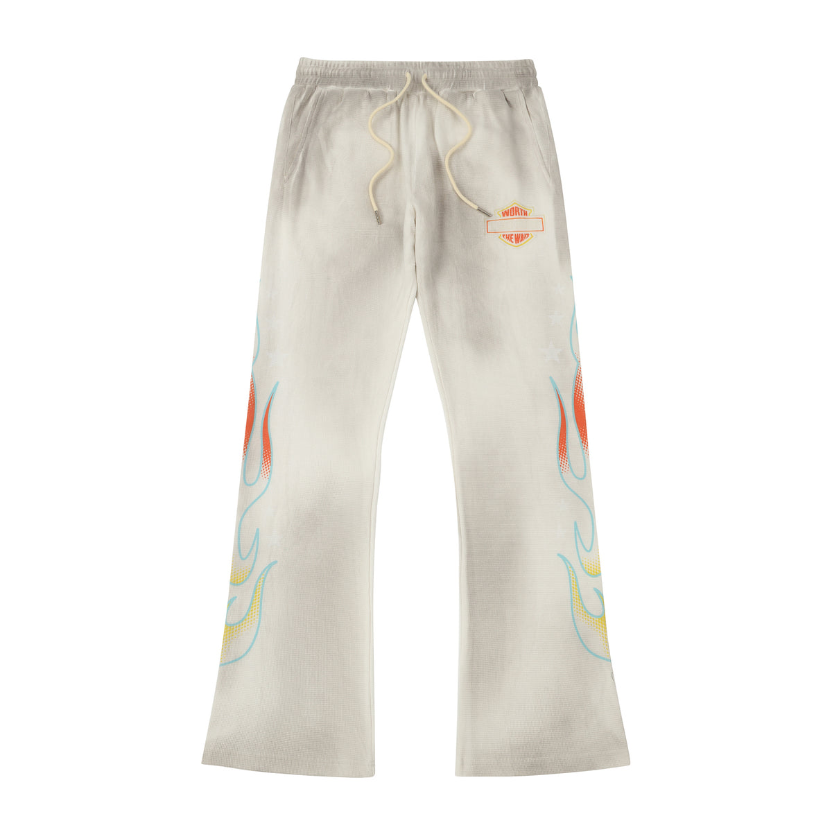 ALMOST SOMEDAY Outward Thermal Flares in Dirty Wash White, on-figure front view showing flame graphic running up both legs and cream rope drawstring