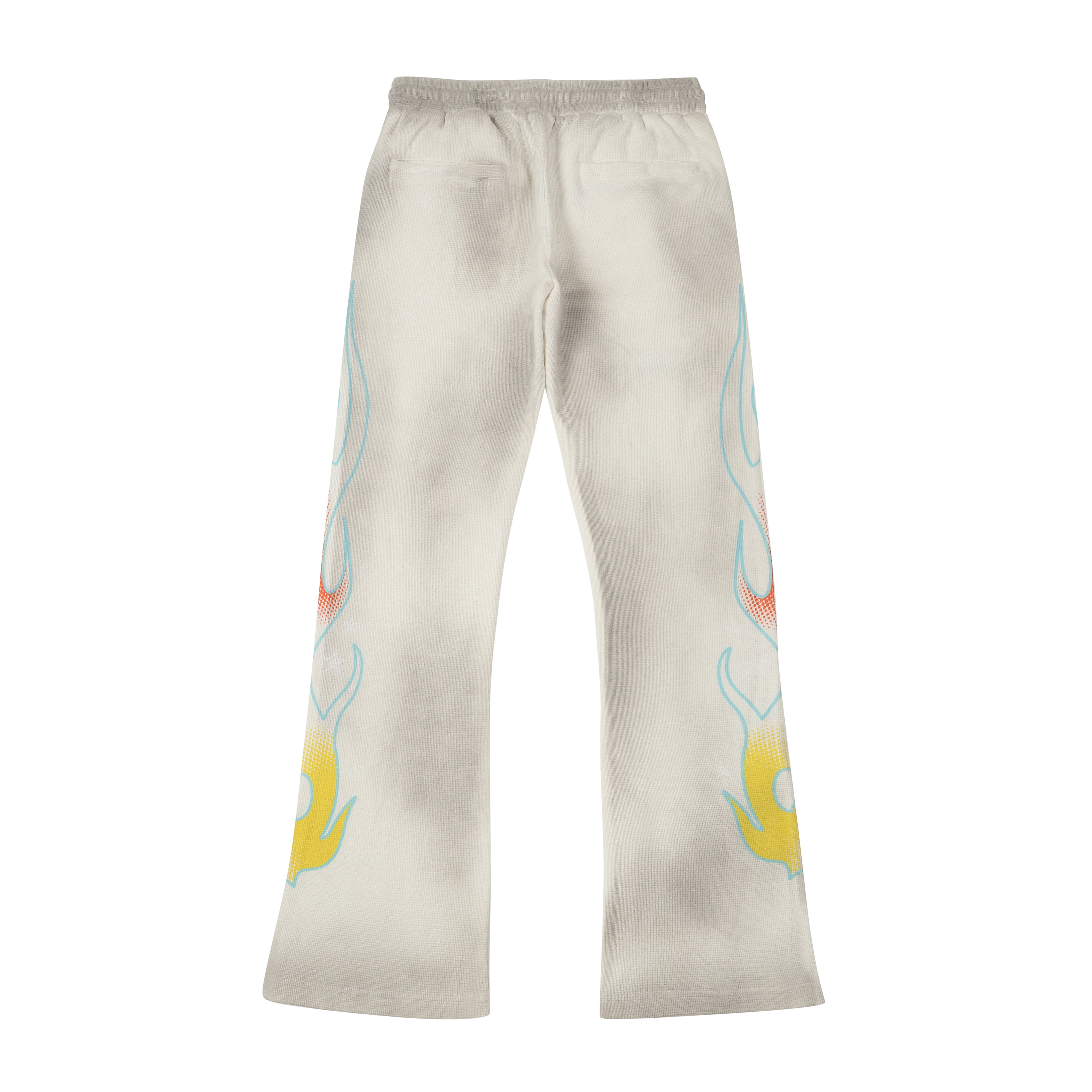 ALMOST SOMEDAY Outward Thermal Flares in Dirty Wash White, back view showing flame graphic running up both legs