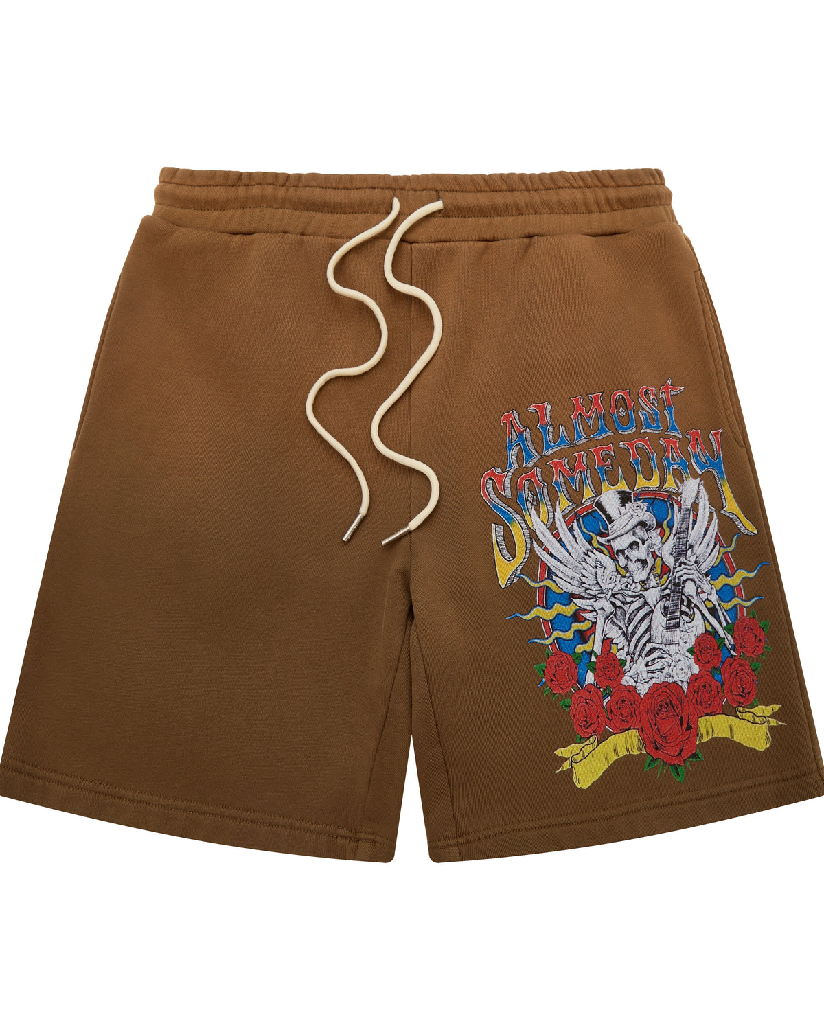 Brown shorts with a colorful graphic design on a white background