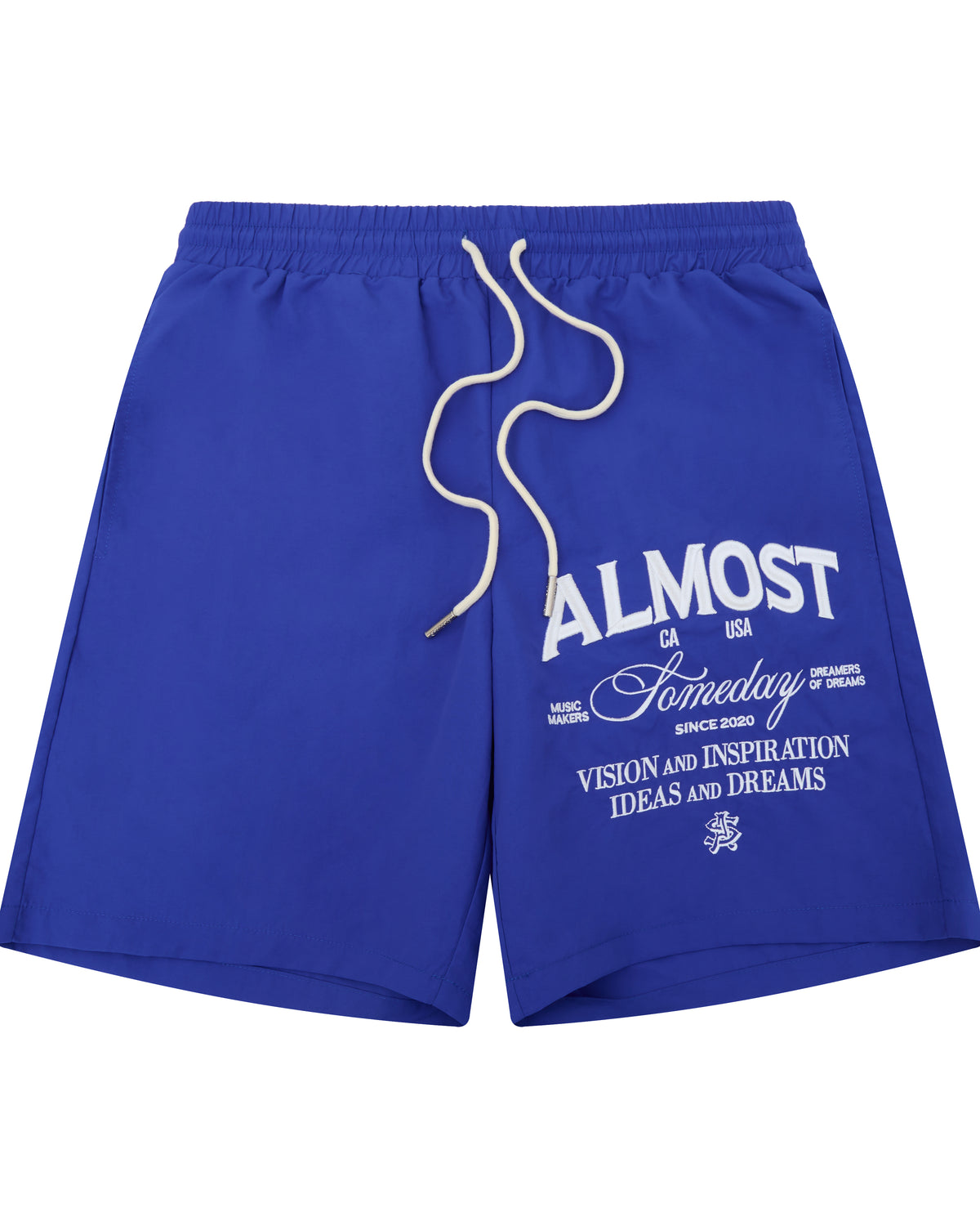 Blue shorts with white text on a white background