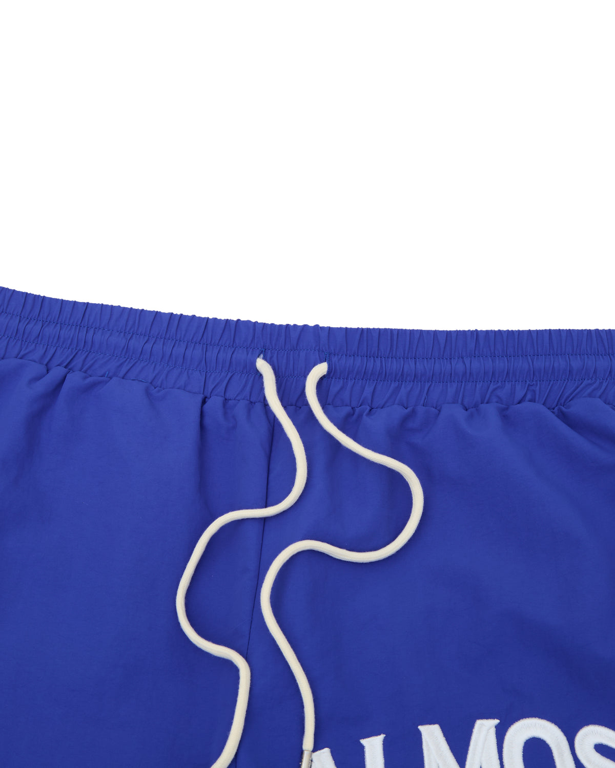 Blue shorts with a white drawstring on a white background