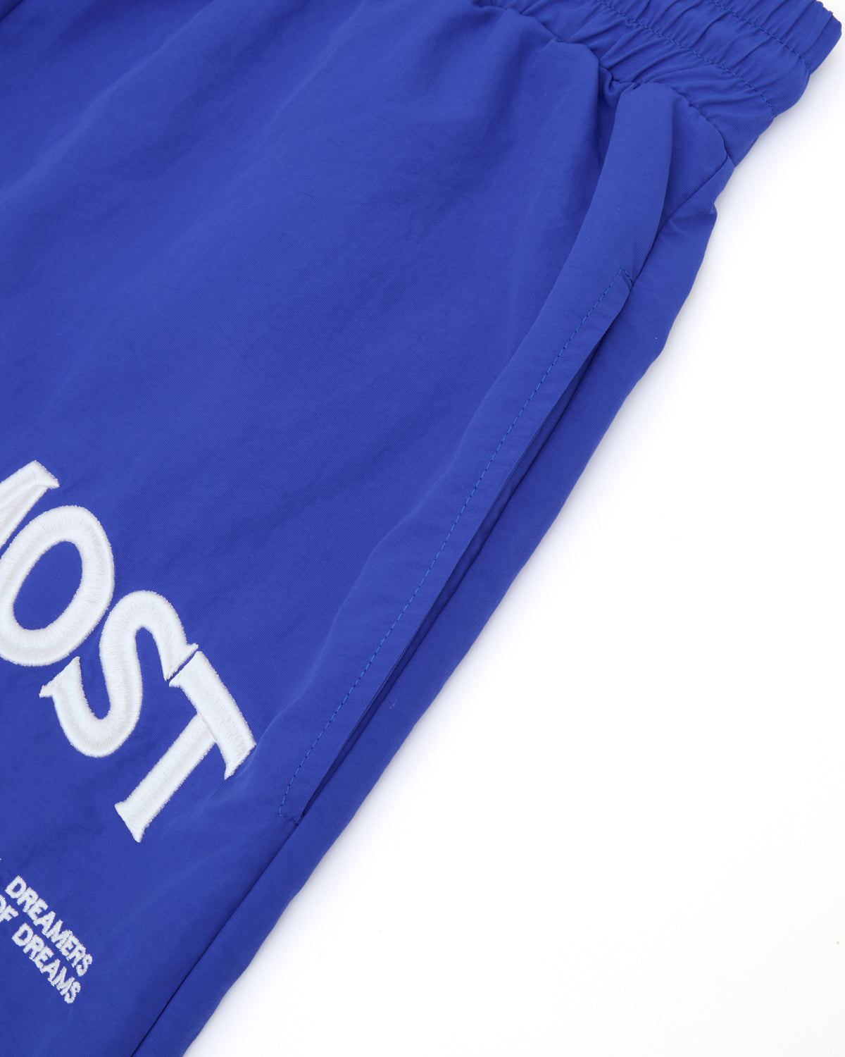Blue shorts with white text on a white background