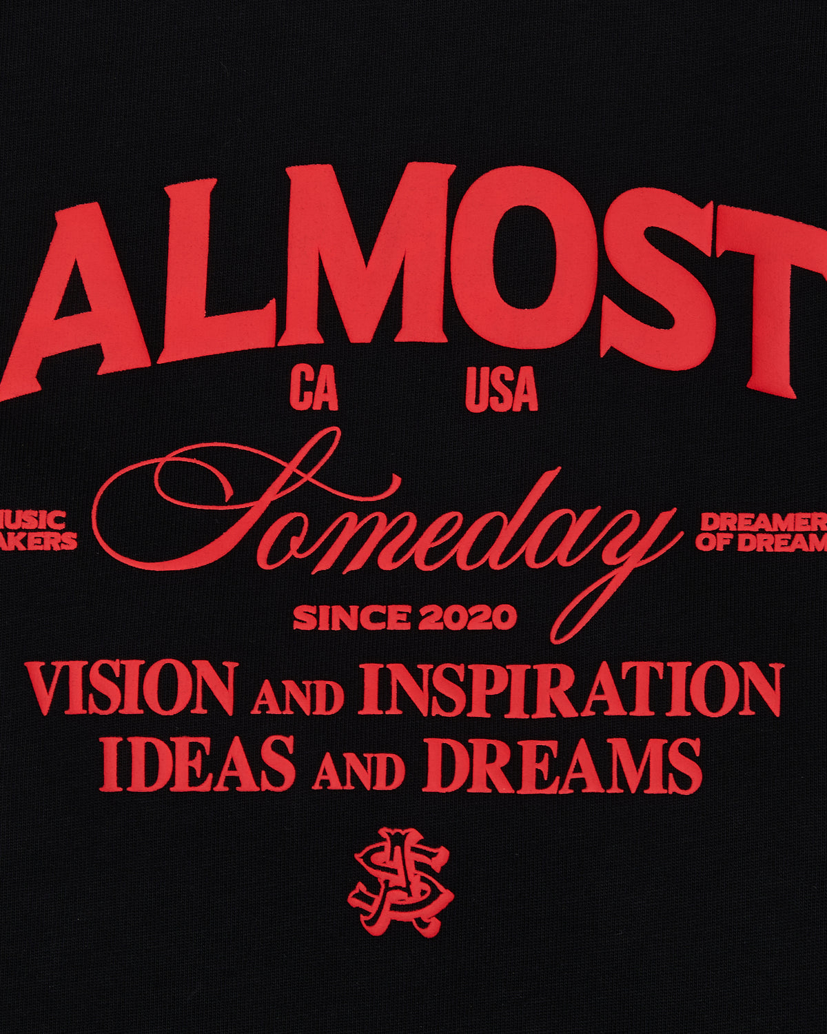 Black shirt with red graphic text and logo on a black background