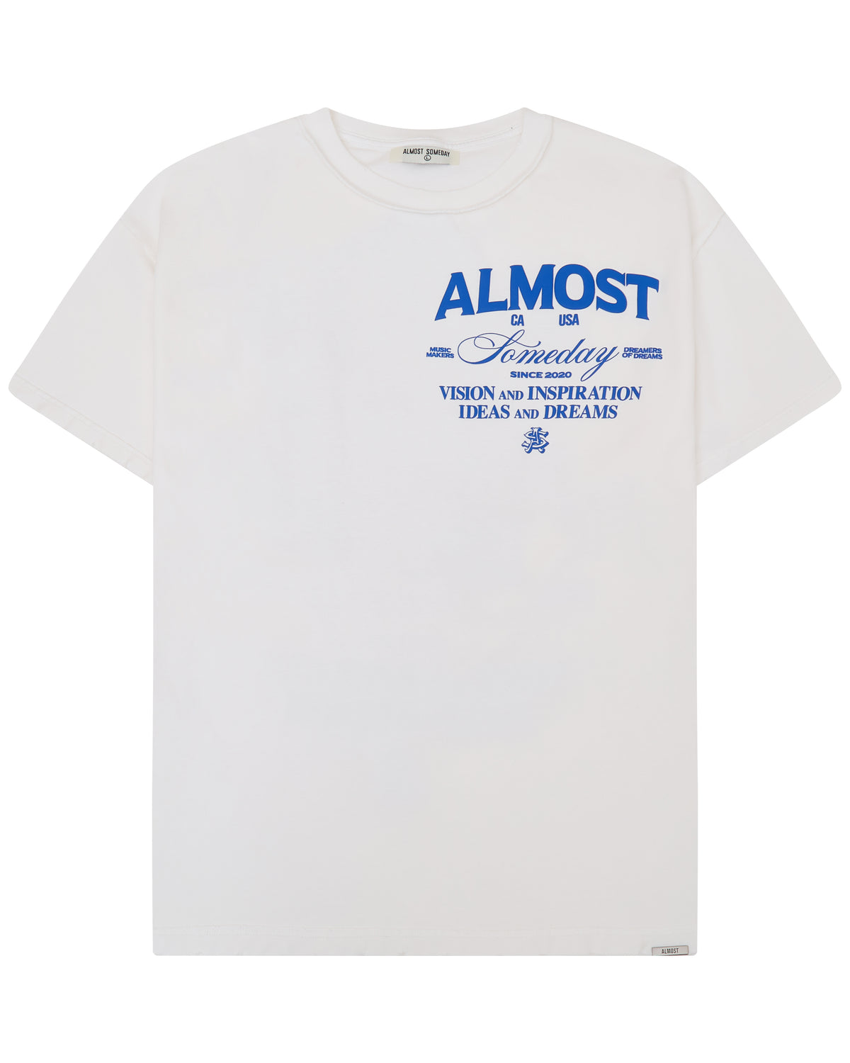 Cream t-shirt with blue text on a white background