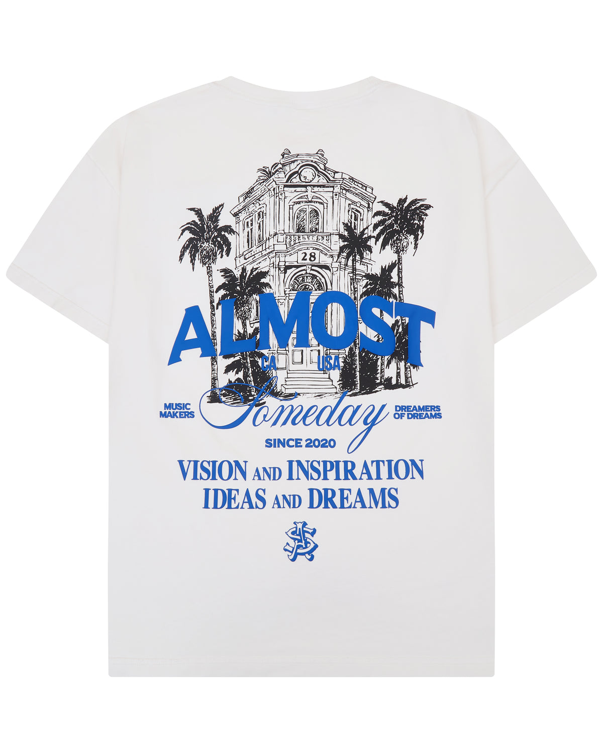 Cream t-shirt with blue graphic design and text on a white background