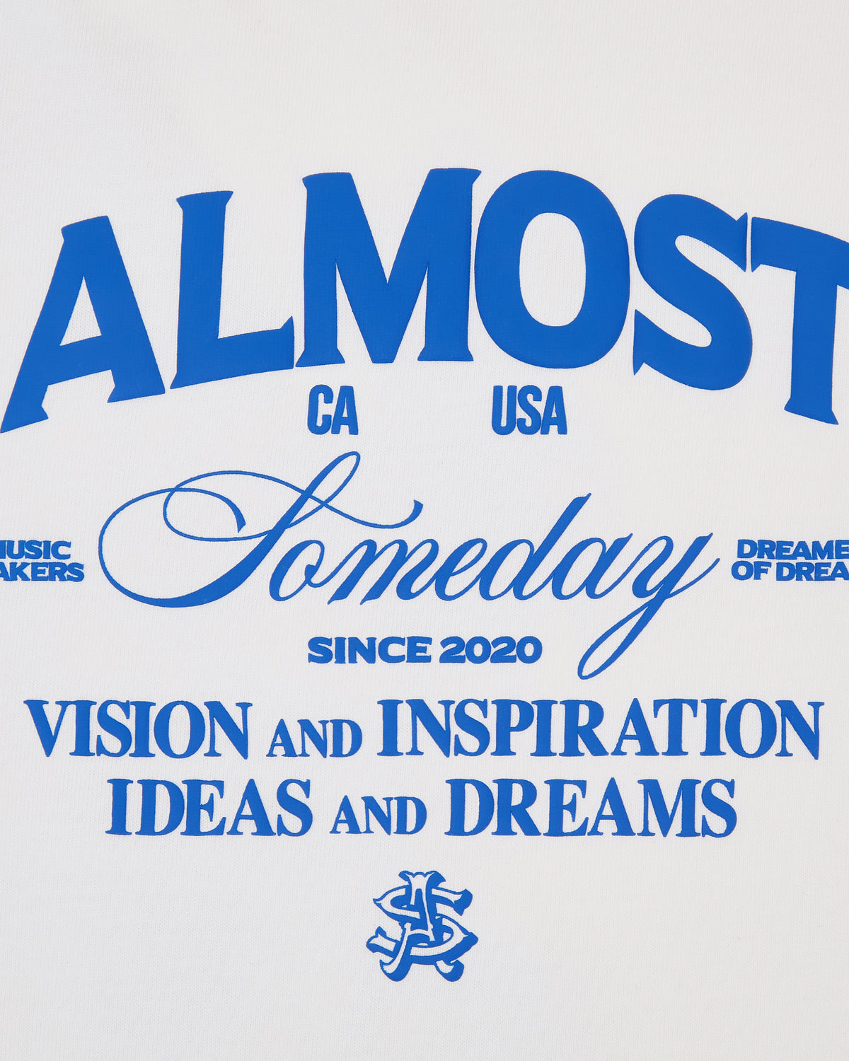 Blue graphics on a cream tshirt with Almost Someday' branding elements.