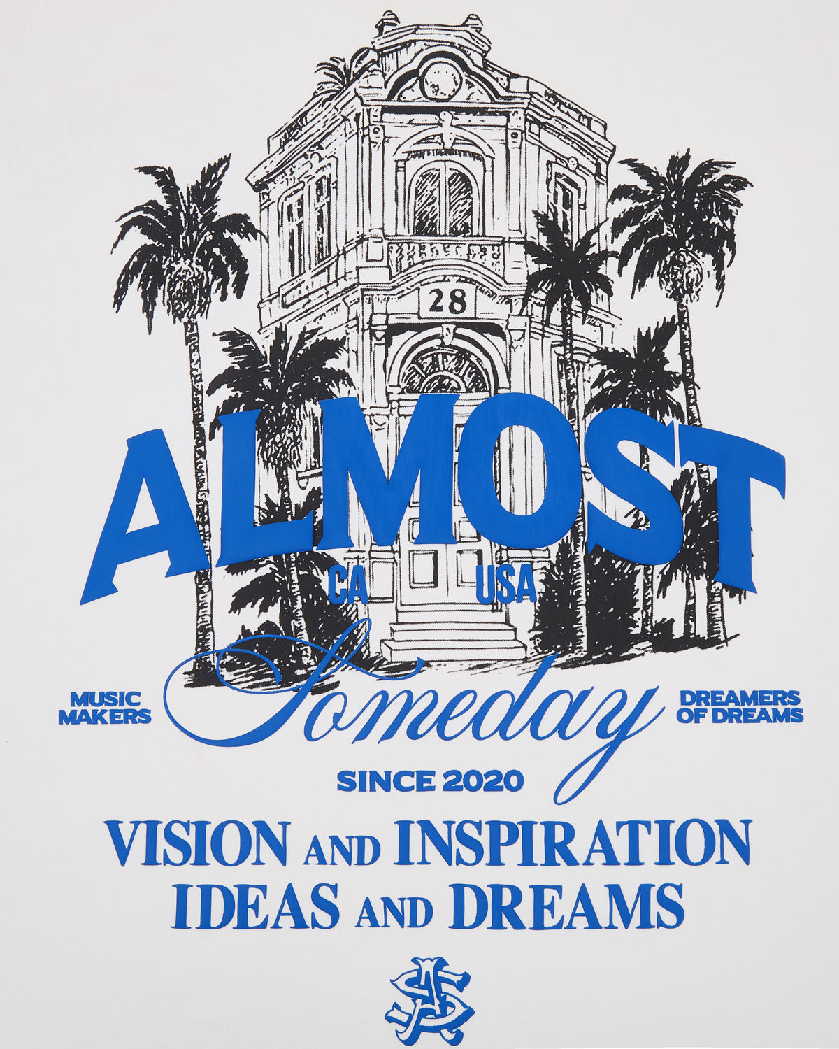 Almost Someday graphic with a building, palm trees, and text on a light gray background