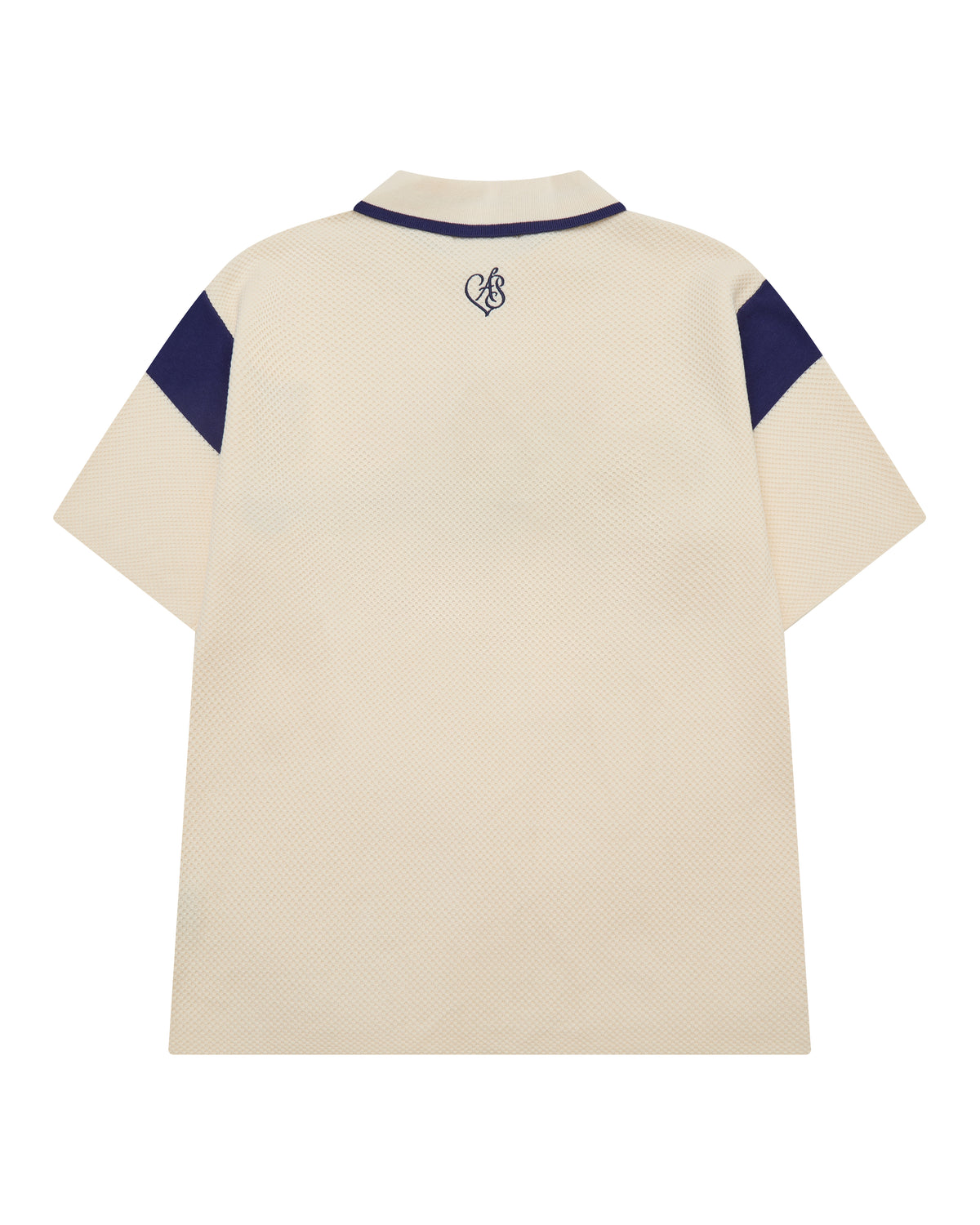 Beige polo shirt with navy accents on a white background