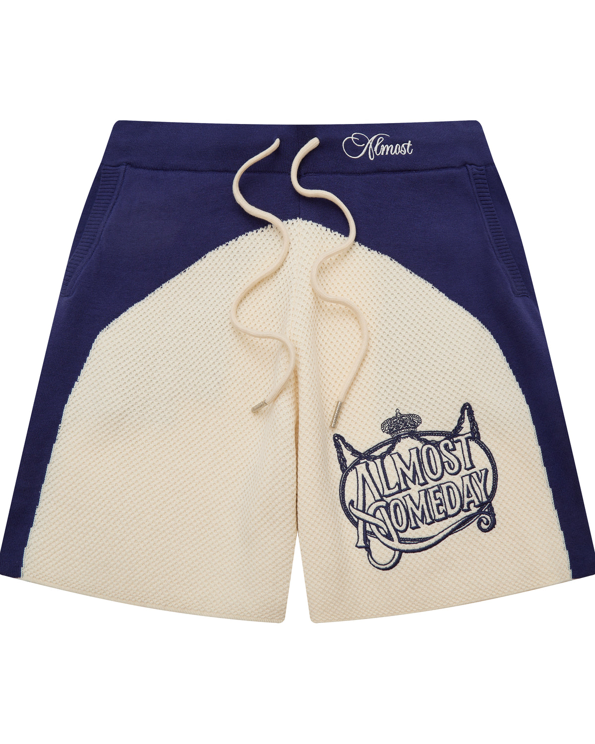 Drawstring bag with 'Almost Someday' branding on a white background