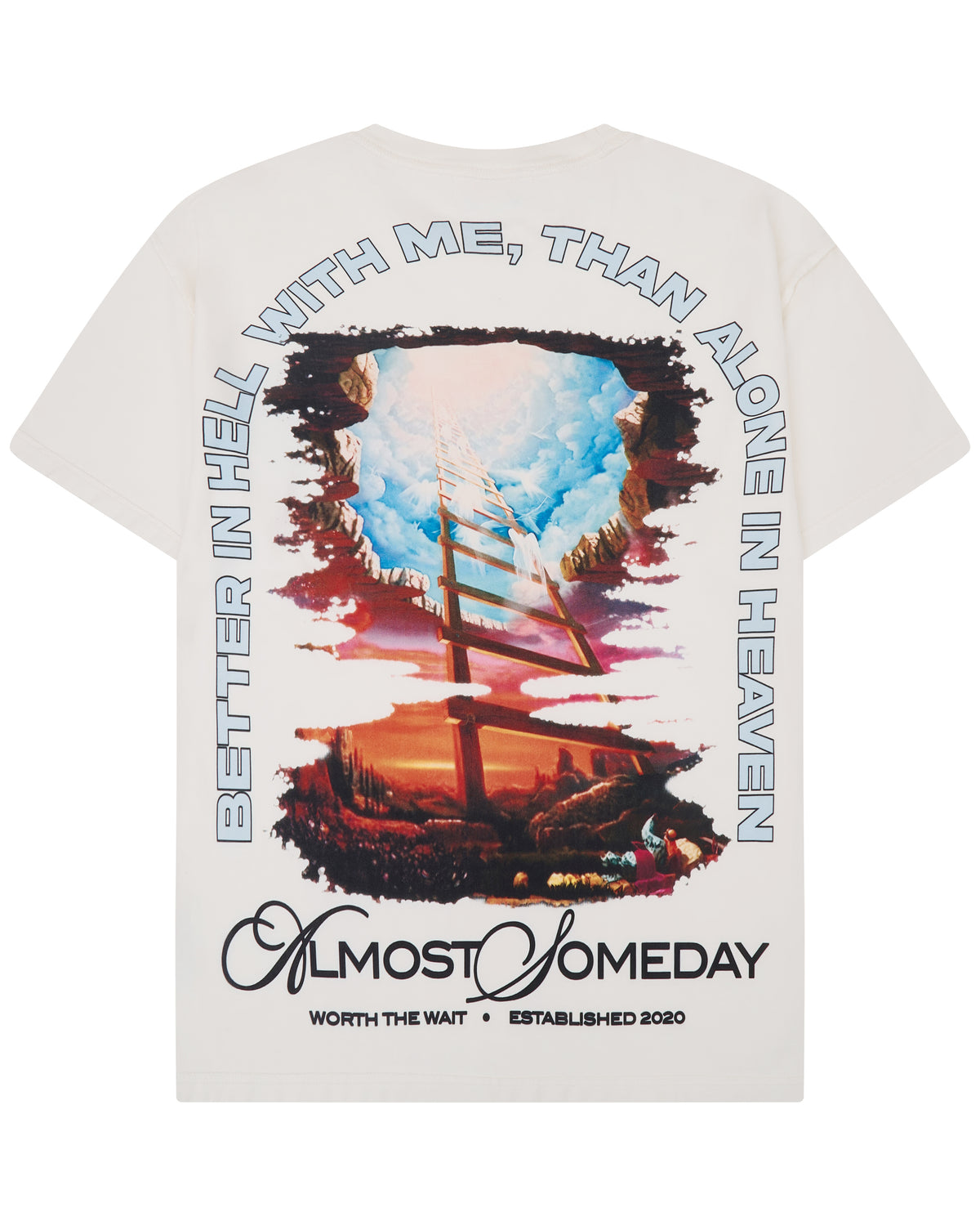 White t-shirt with artistic design and text on a white background