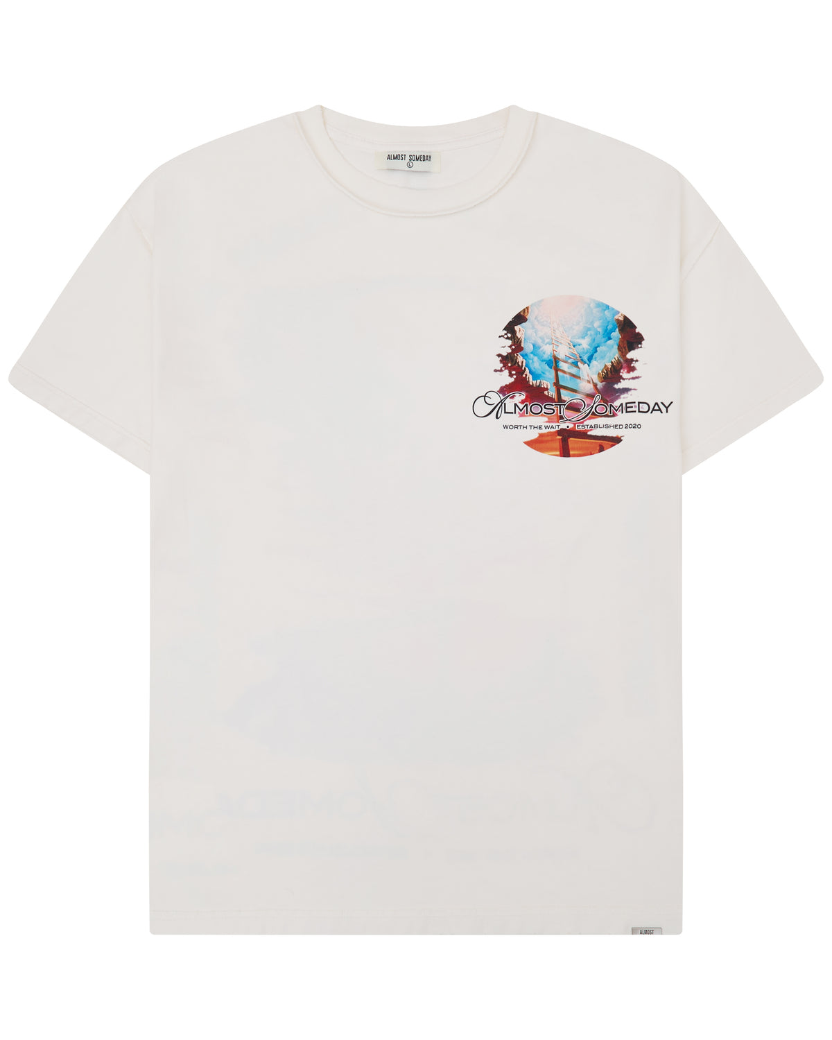 White t-shirt with a colorful graphic design on a white background