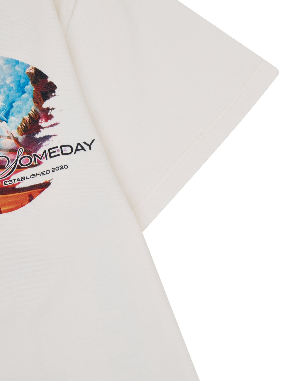 Tshirt with a colorful design and text on a white background