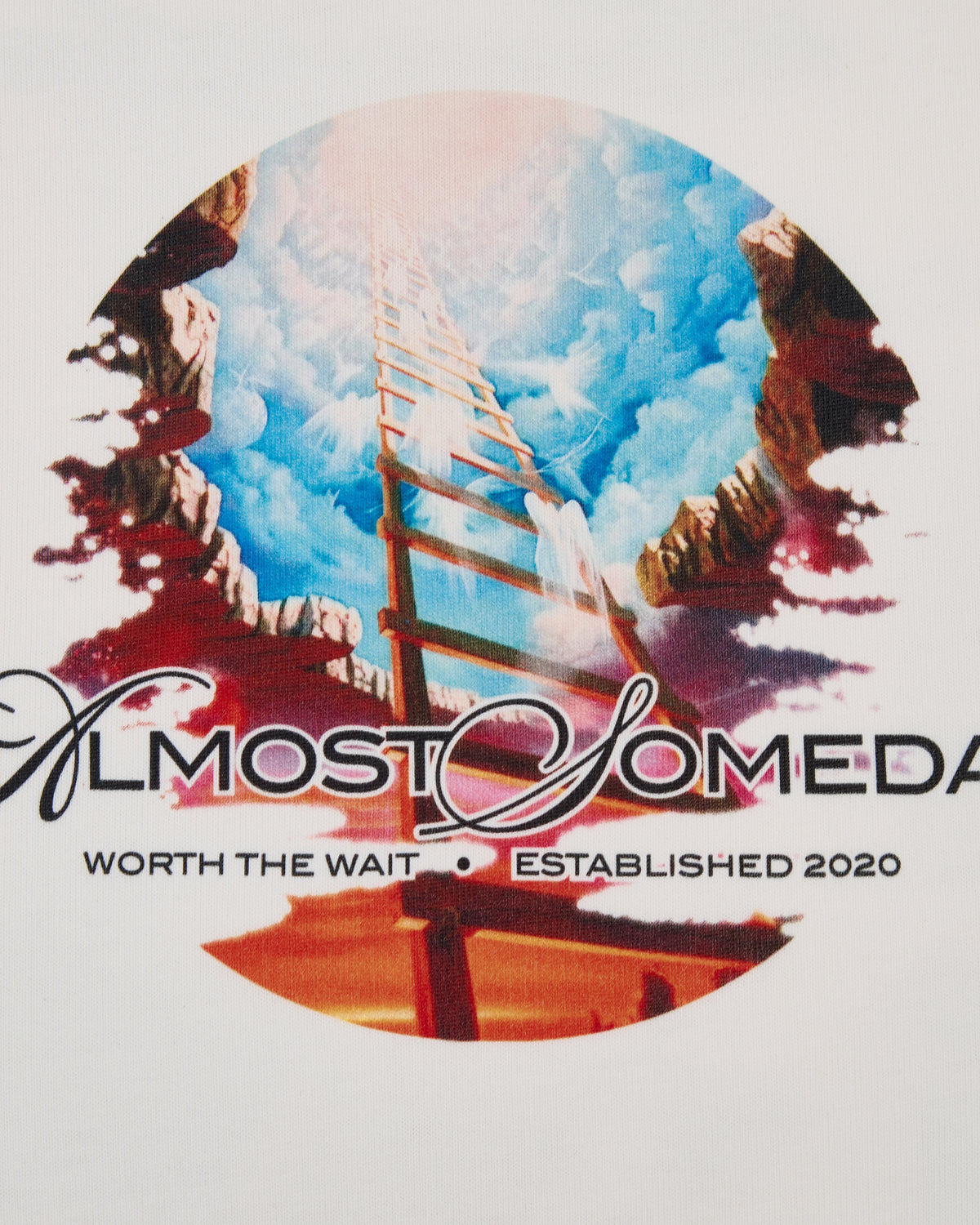 Tshirt graphic with a ladder reaching towards clouds and text 'Almost Someday' on a white background