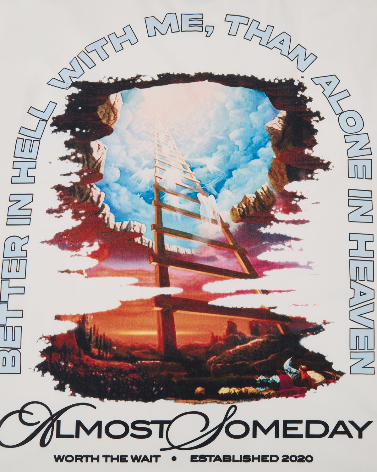 Tshirt graphics with a ladder to heaven design and text 'Better in hell with me, than alone in heaven' on a light gray background.