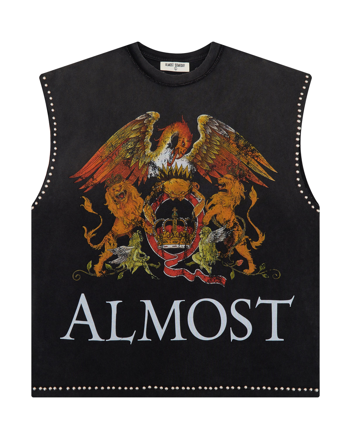 Black sleeveless shirt with colorful eagle design and 'ALMOST' text on a white background