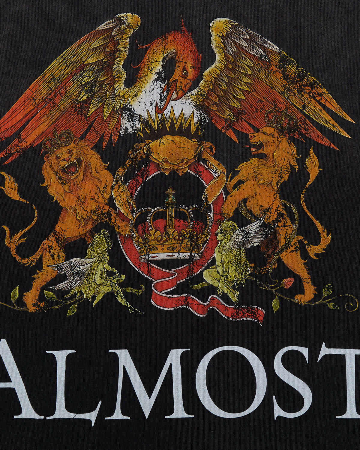 Decorative emblem with lions and an eagle on a dark background, featuring the word 'ALMOST'.