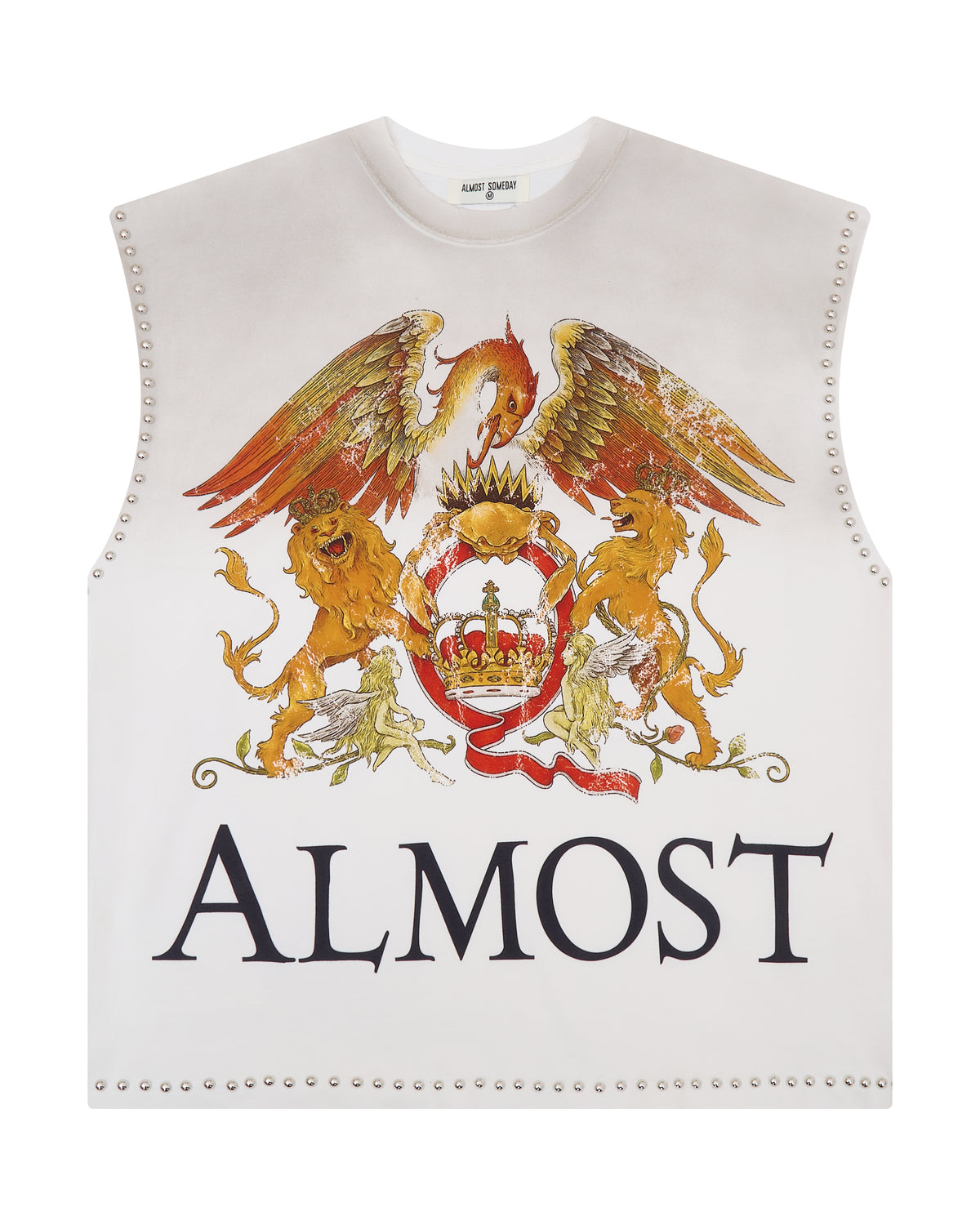White sleeveless top with a colorful emblem and 'ALMOST' text on a white background