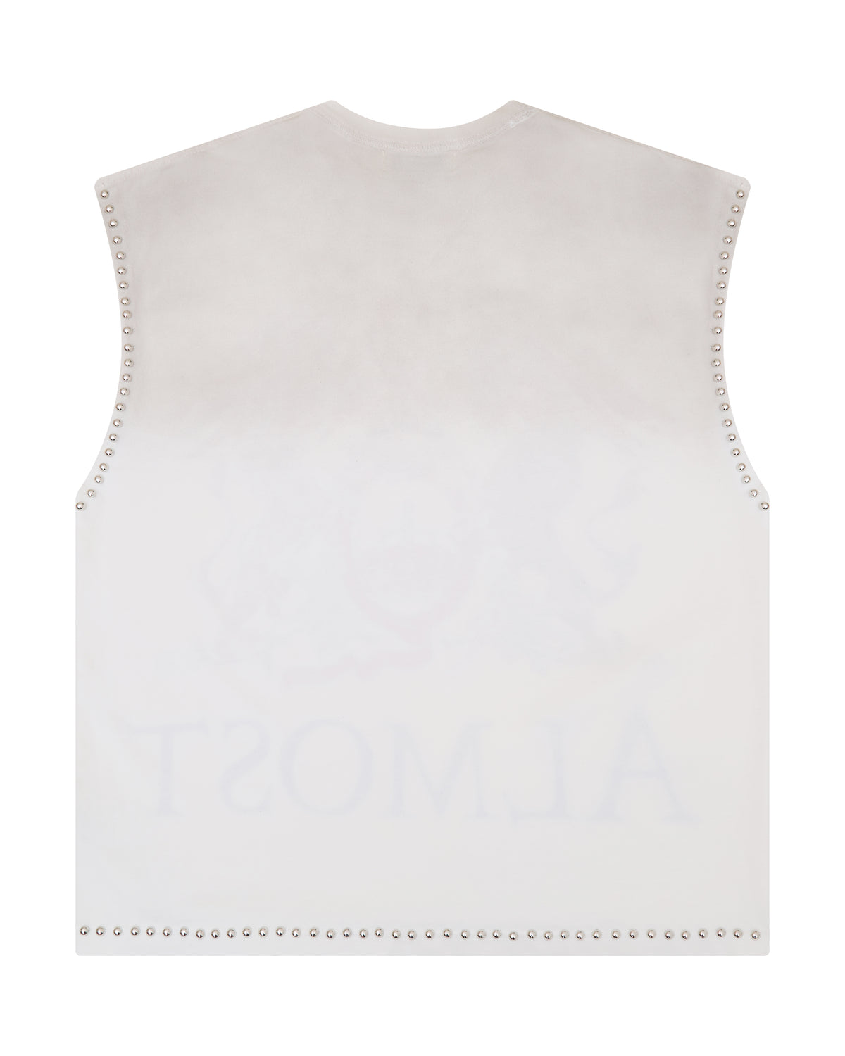 White sleeveless top with decorative trim on a white background