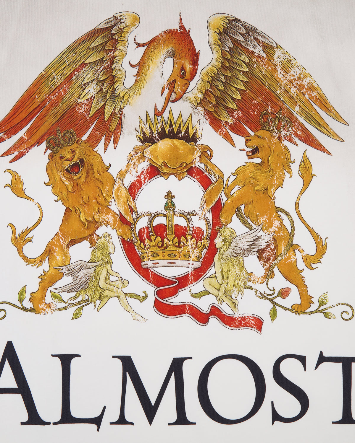 Coat of arms with two lions and a snake, featuring a crown, on a white background with 'ALMOST' text below.