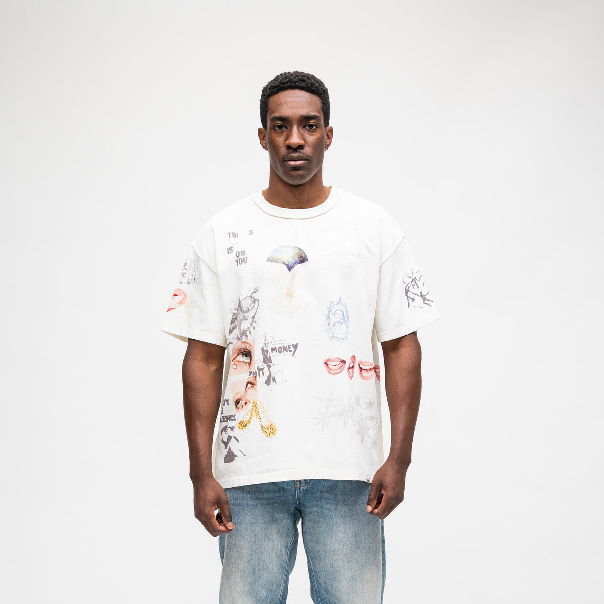 ALMOST SOMEDAY Gallery Tee in Cream, front view with allover collage print of illustrated figures, text, and photography