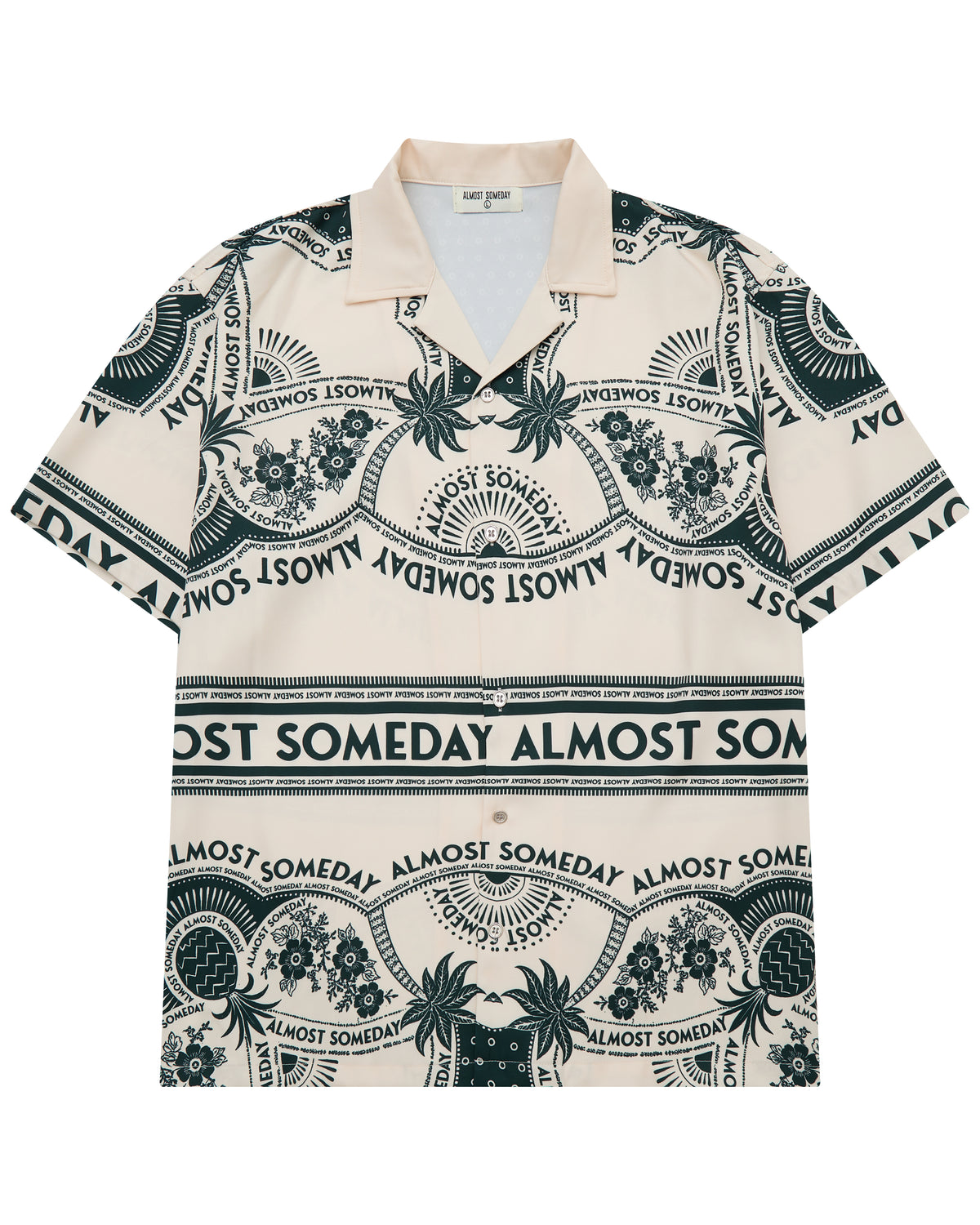 Beige shirt with black text and patterns on a white background