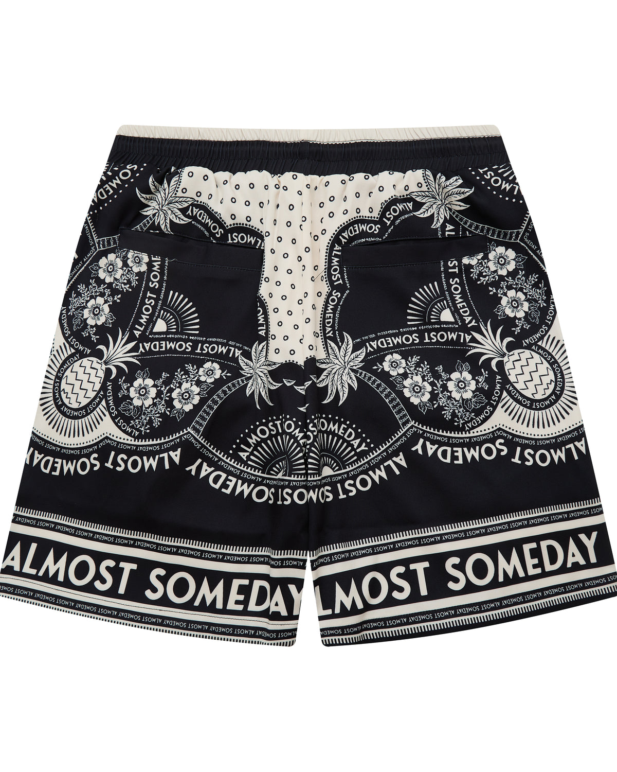 Black shorts with white patterns and text on a white background