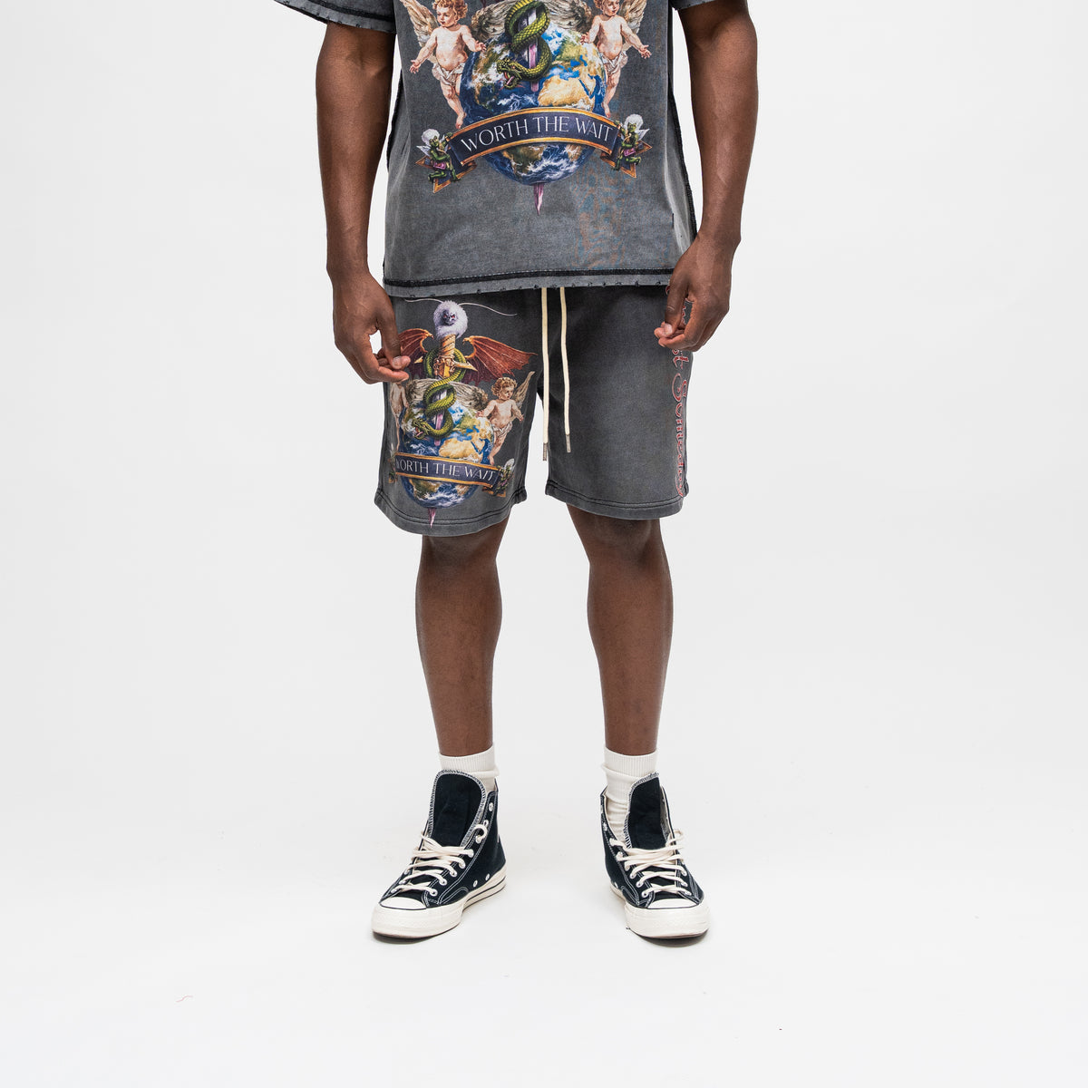 ALMOST SOMEDAY Motley Terry Shorts in Black, front view