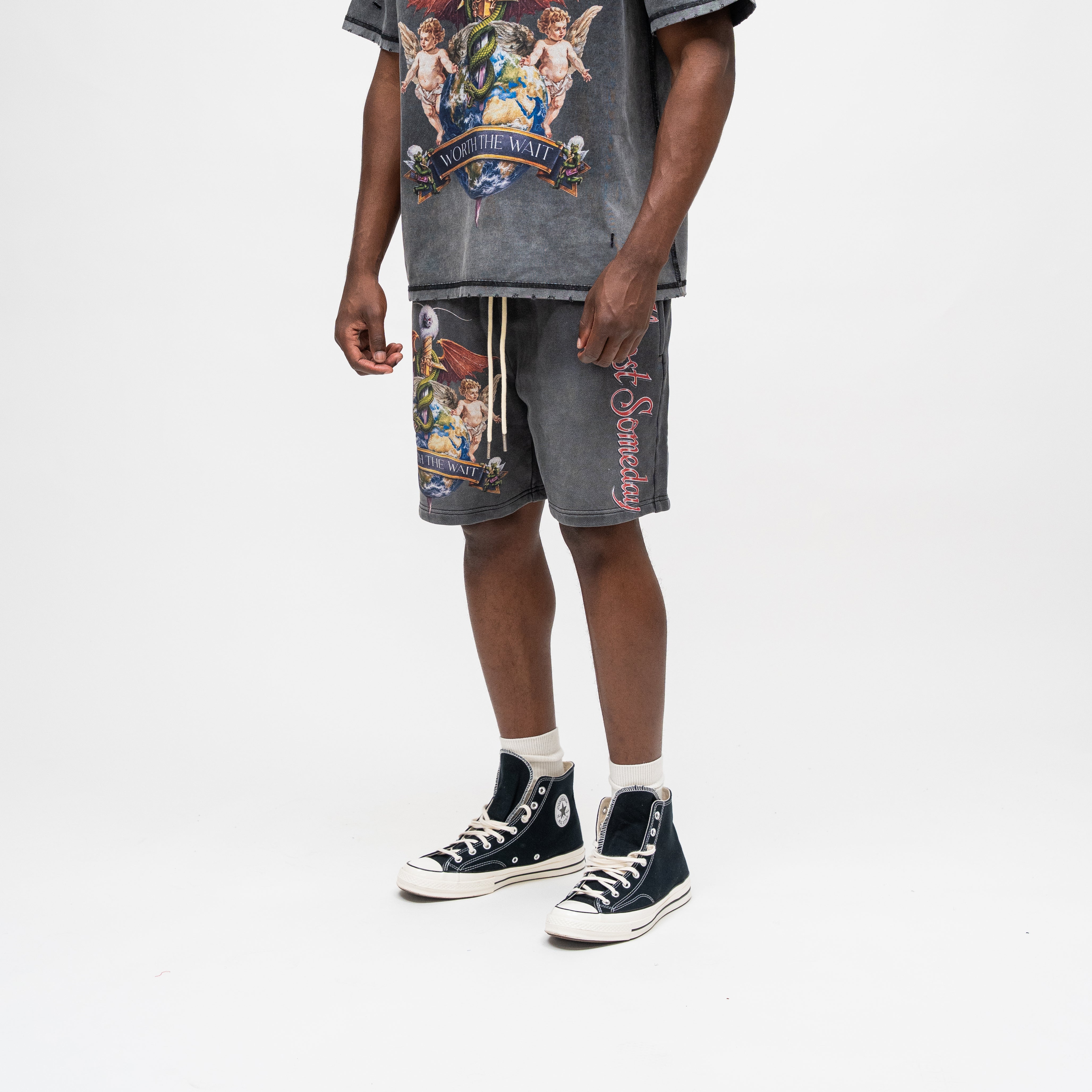 ALMOST SOMEDAY Motley Terry Shorts in Black, detail view