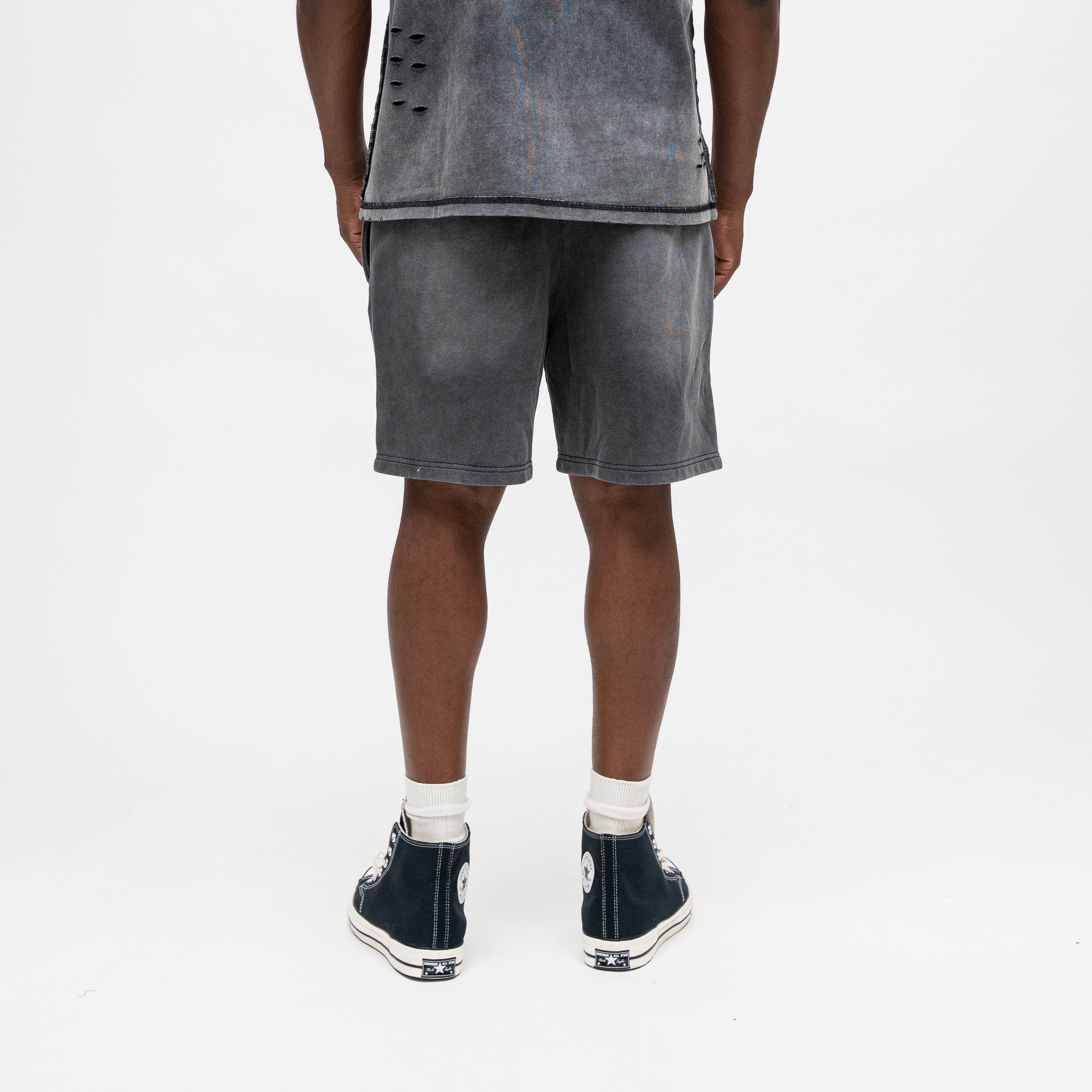 ALMOST SOMEDAY Motley Terry Shorts in Black, back view