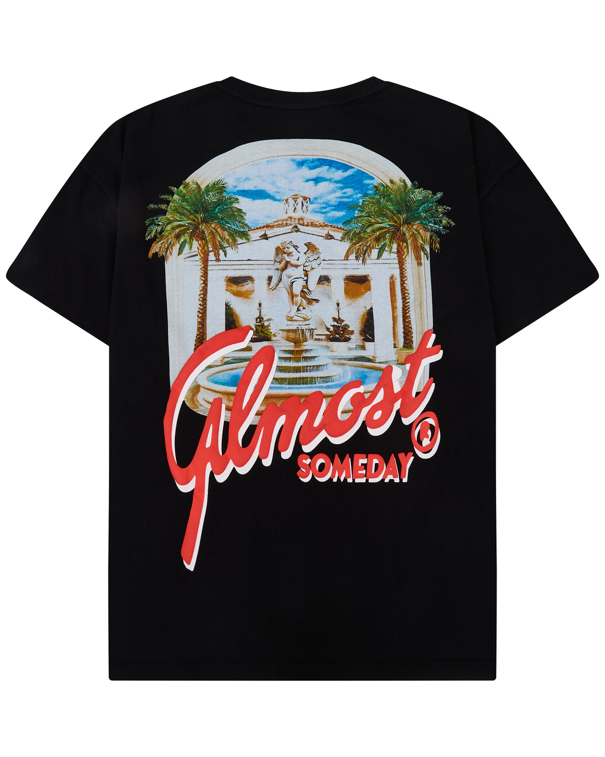 Black t-shirt with 'Almost Someday' graphic design on a white background