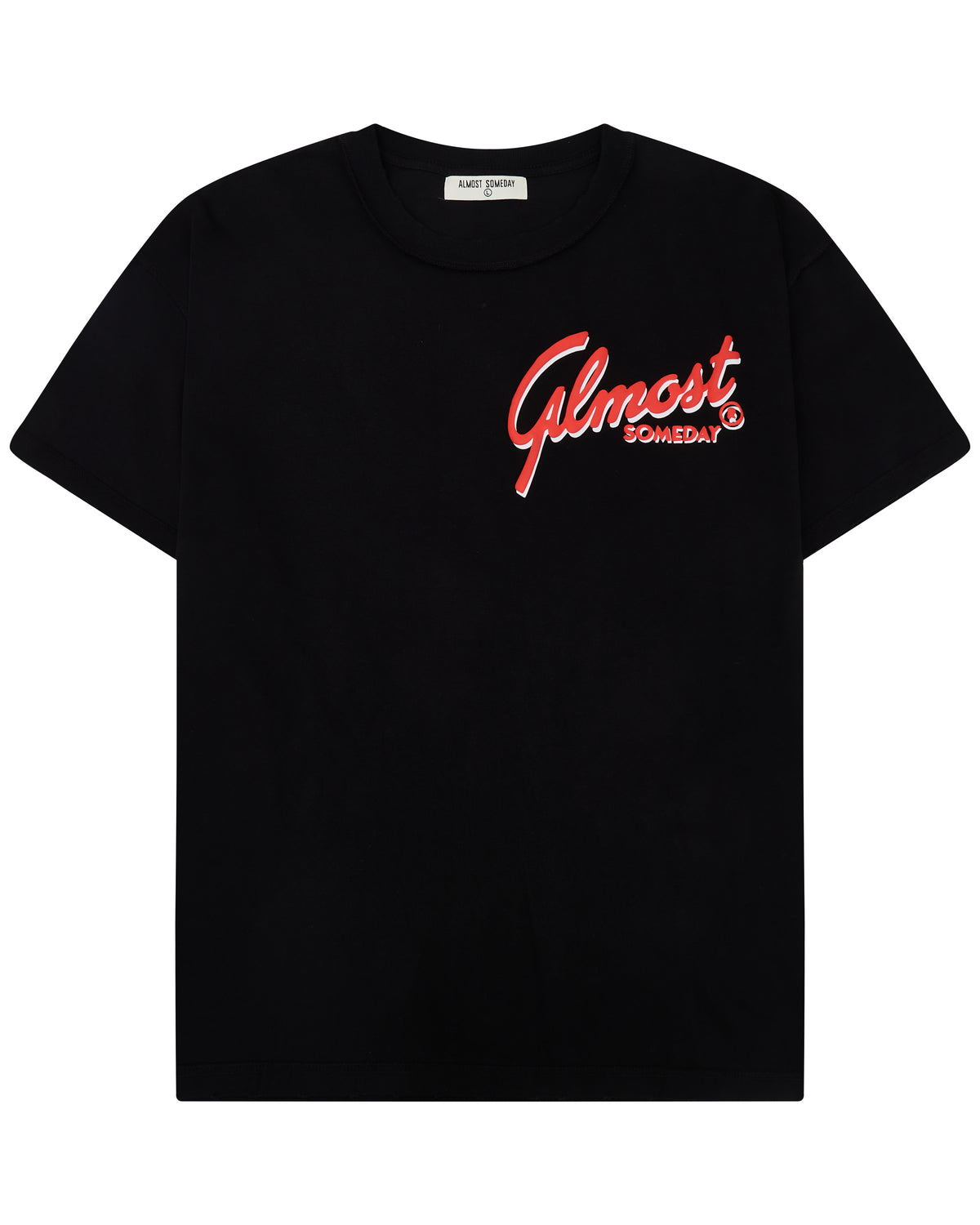 Black t-shirt with red and white text on a white background
