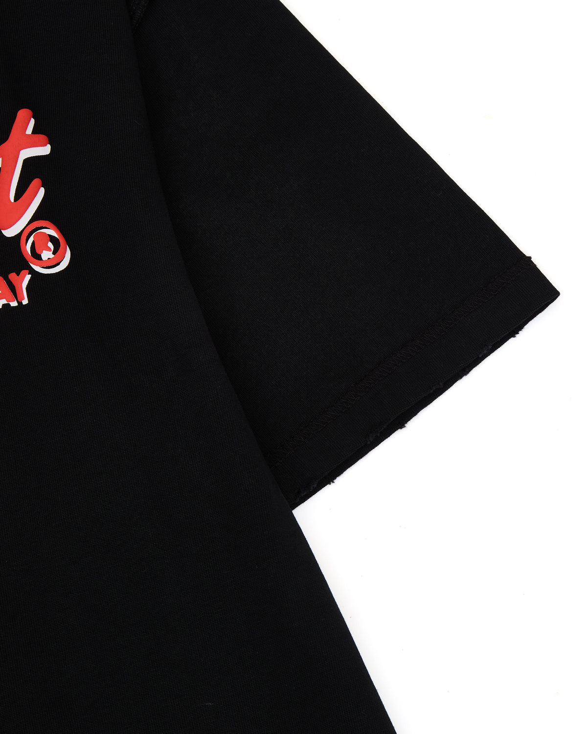 Black t-shirt with red and white logo on a white background