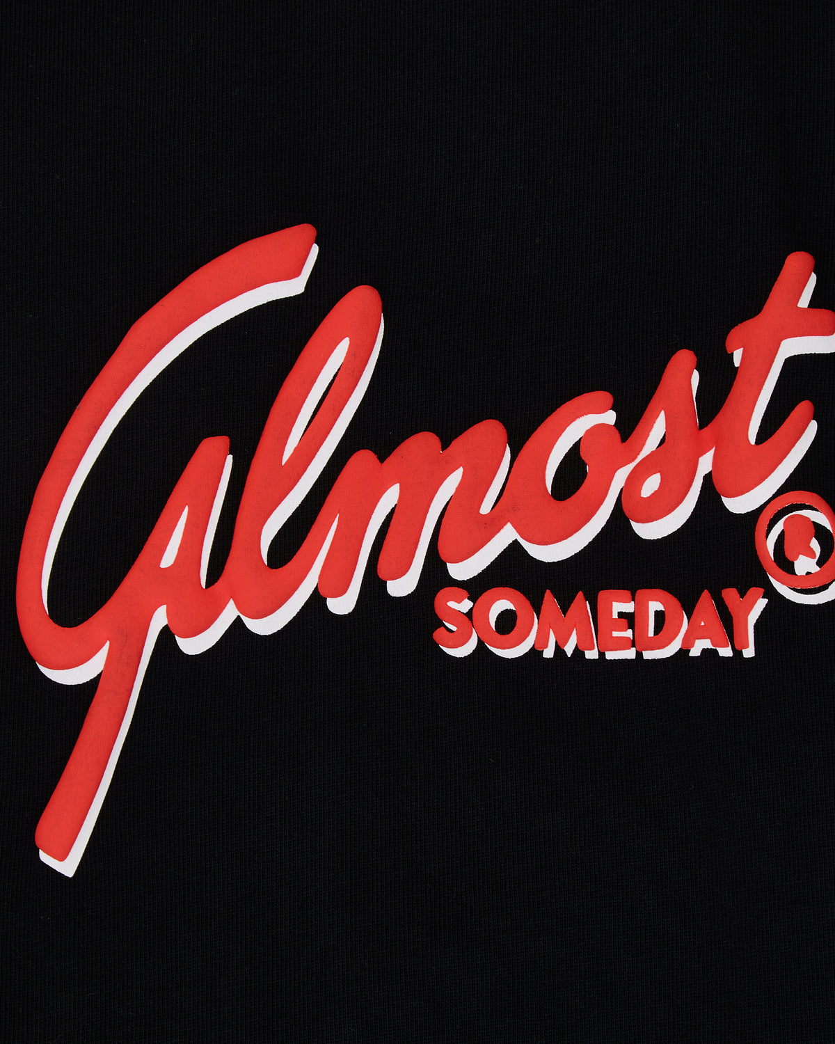 Red and white 'Almost Someday' logo on a black background