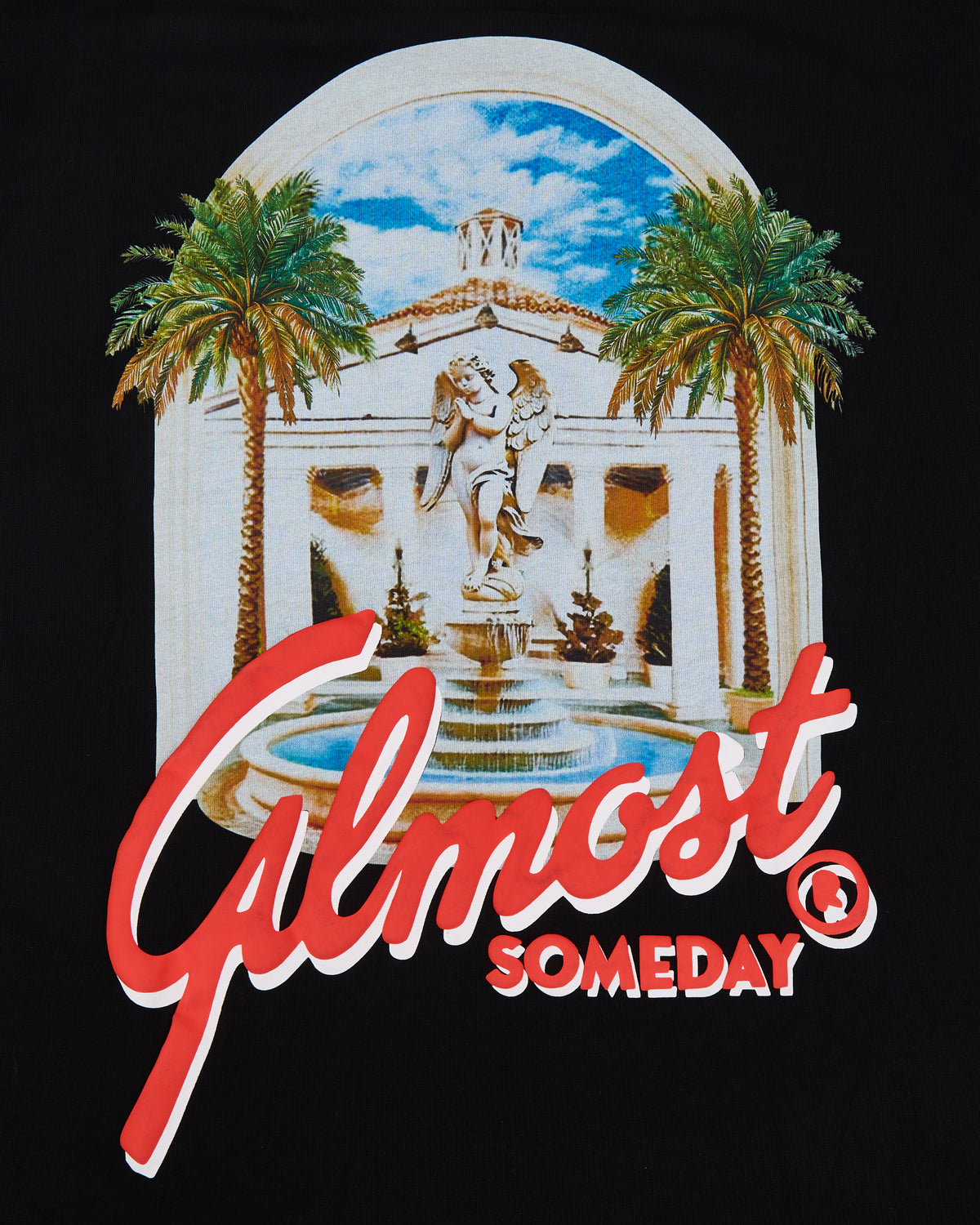 Logo with classical building, palm trees, and 'Almost Someday' text on a black background