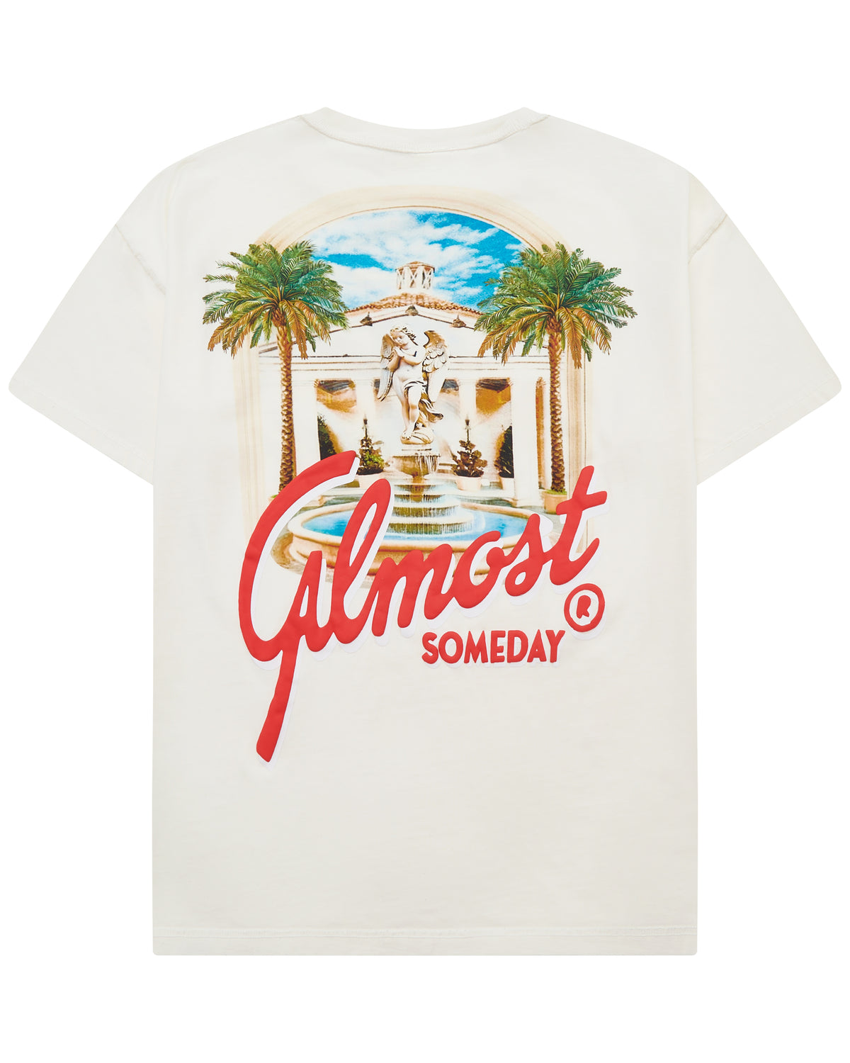 White t-shirt with a graphic design and 'Almost Someday' text on a white background