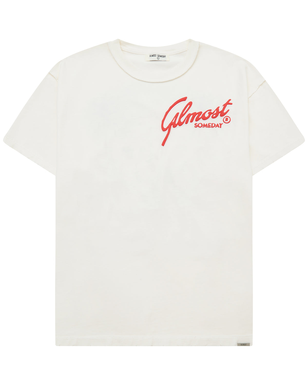 Cream t-shirt with red text on a white background