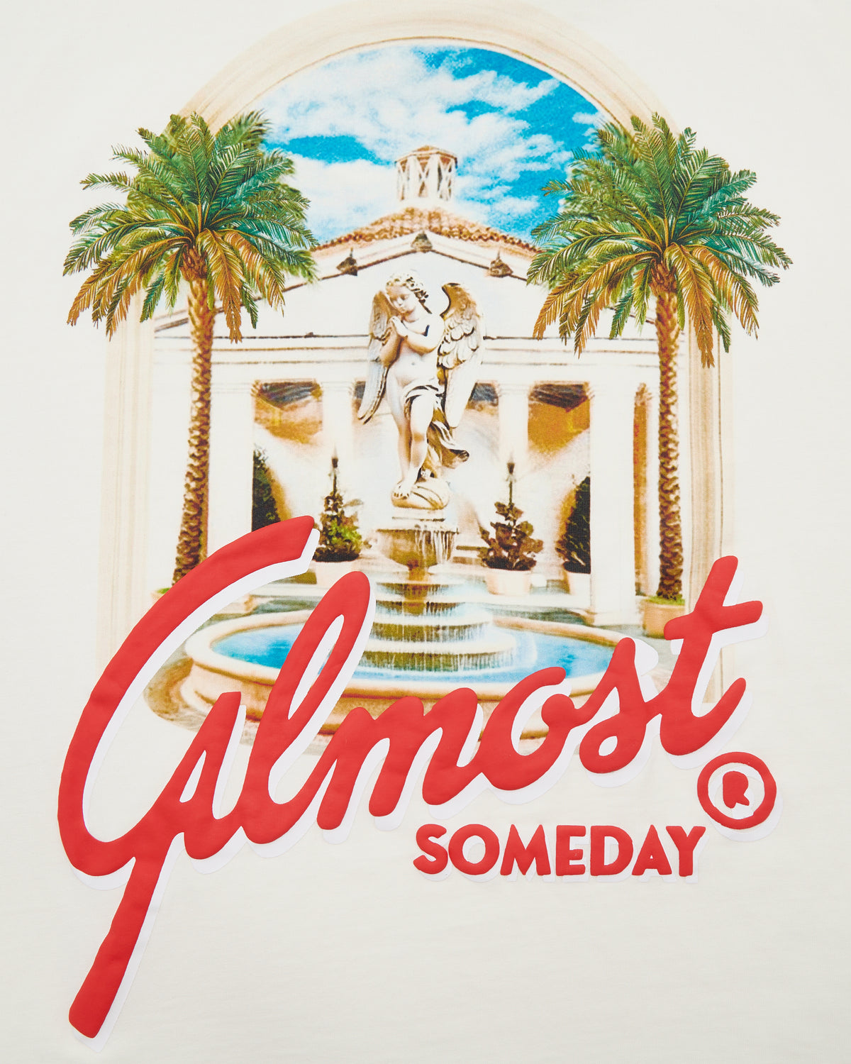 Decorative tshirt design with palm trees, statue, and 'Almost Someday' text on a white background