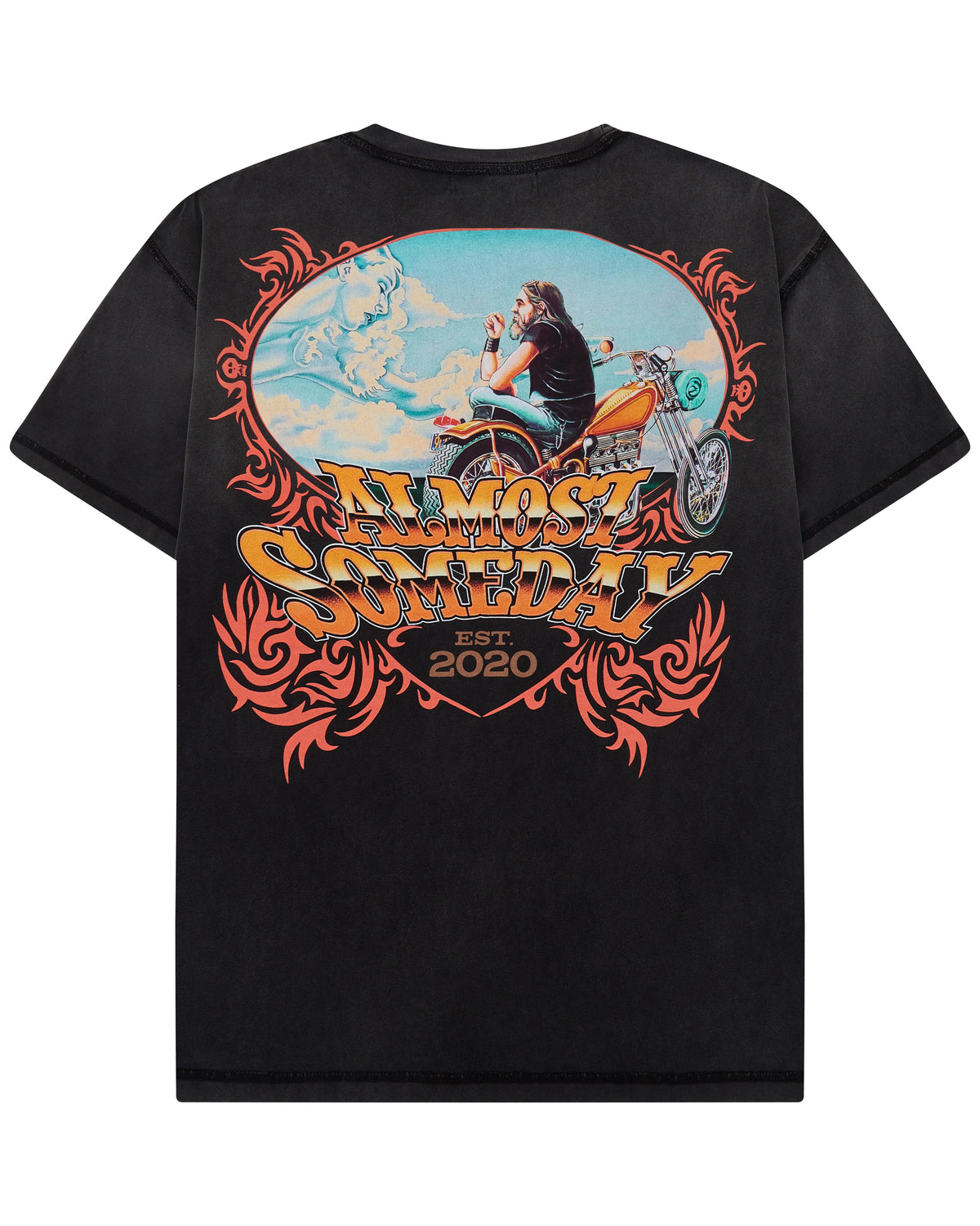 Black t-shirt with a colorful graphic and text on a white background