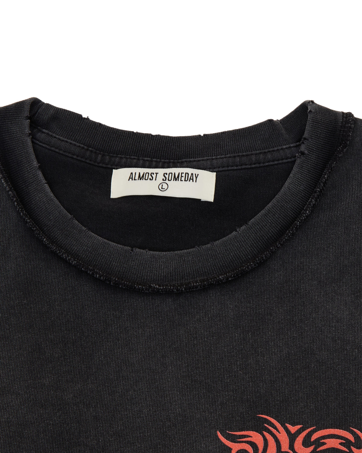 Black t-shirt with a red tribal design on the sleeve, featuring the brand 'Almost Someday'.