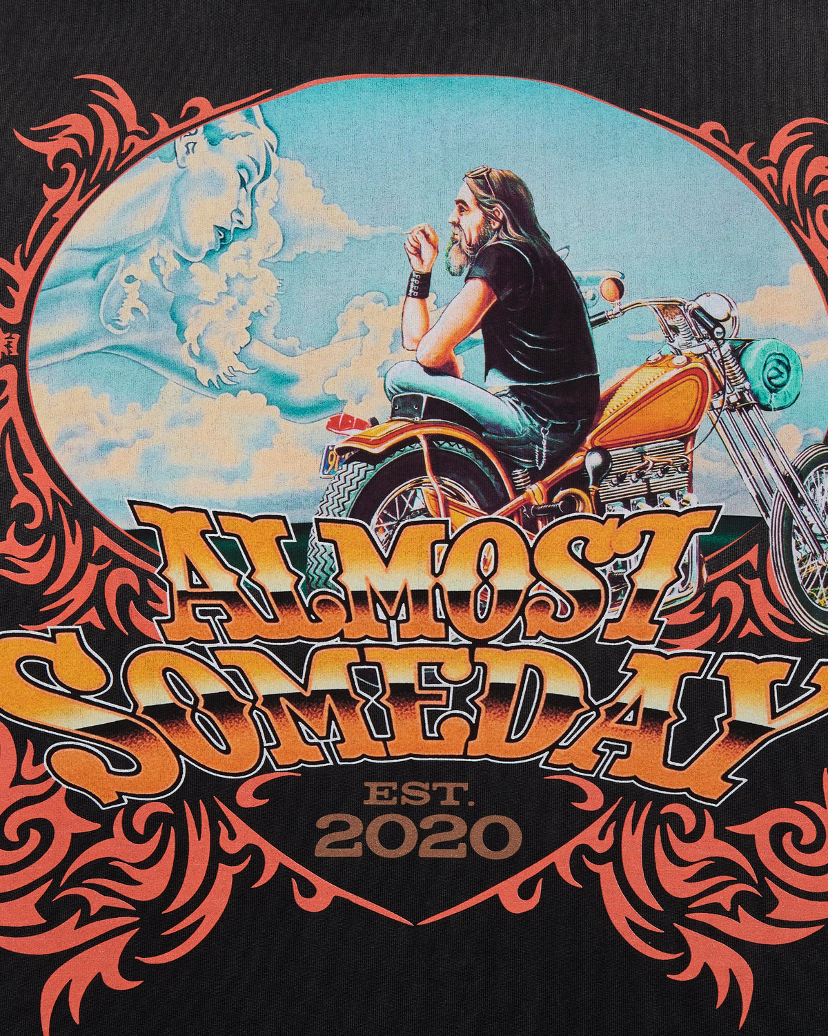 T-shirt design with a biker on a motorcycle and text 'Almost Someday Est. 2020' on a black background.