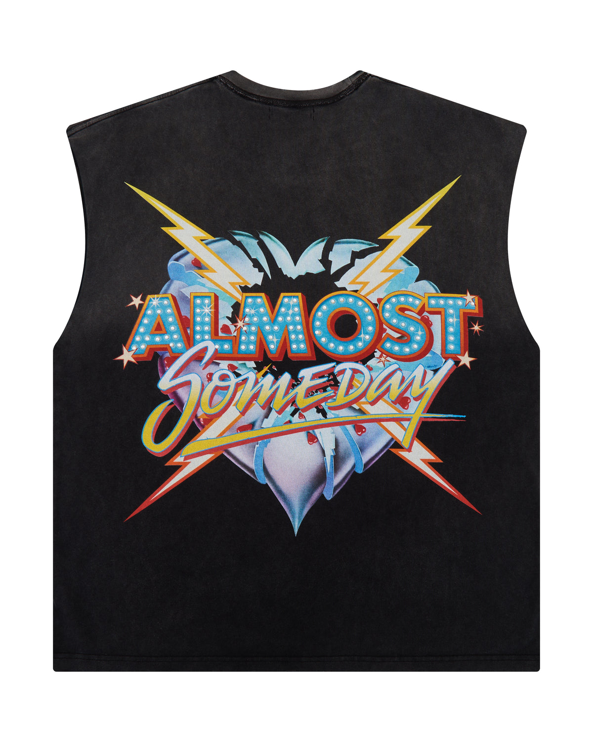 Black sleeveless shirt with 'Almost Someday' graphic design on a white background