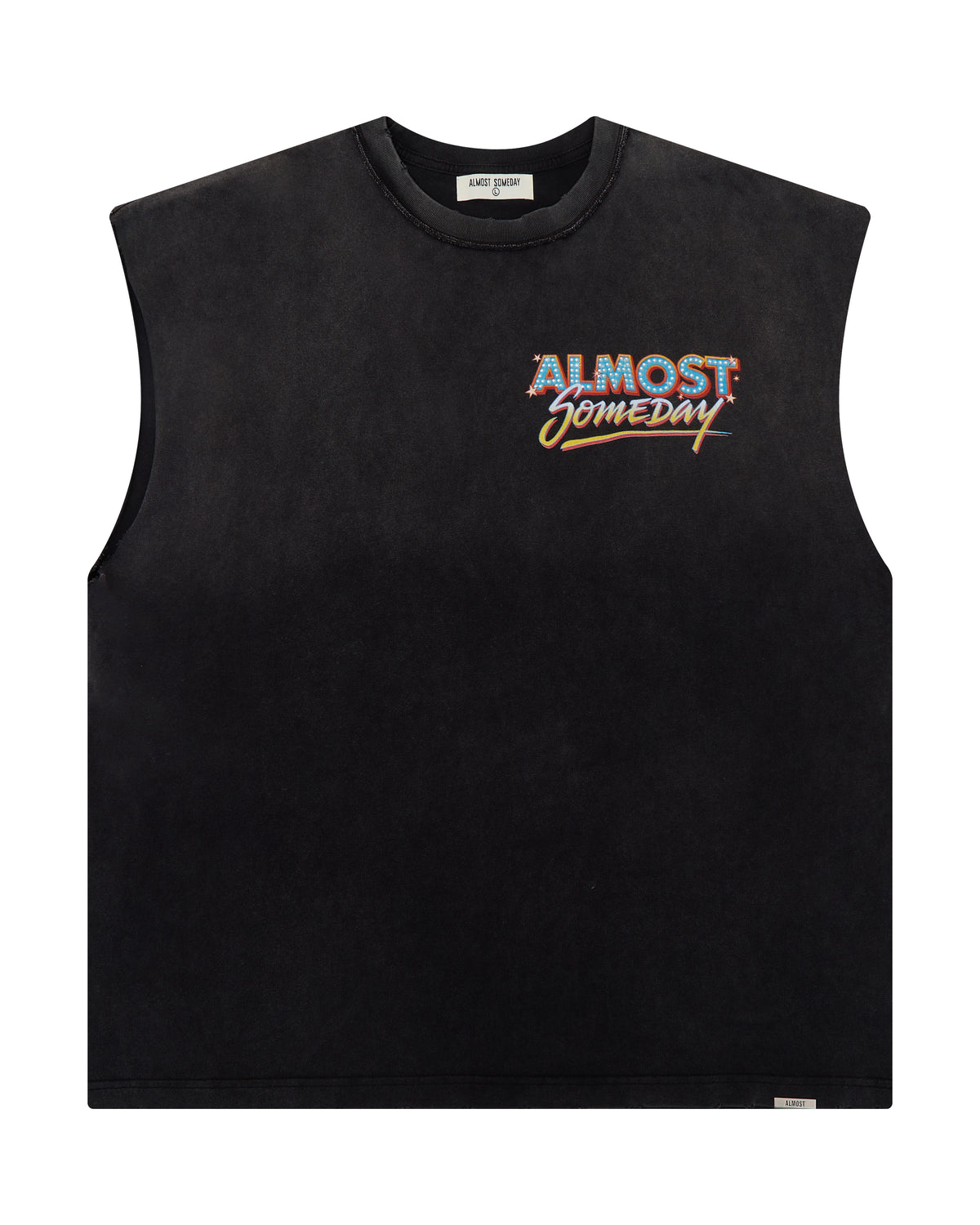 Black sleeveless shirt with colorful text on a white background