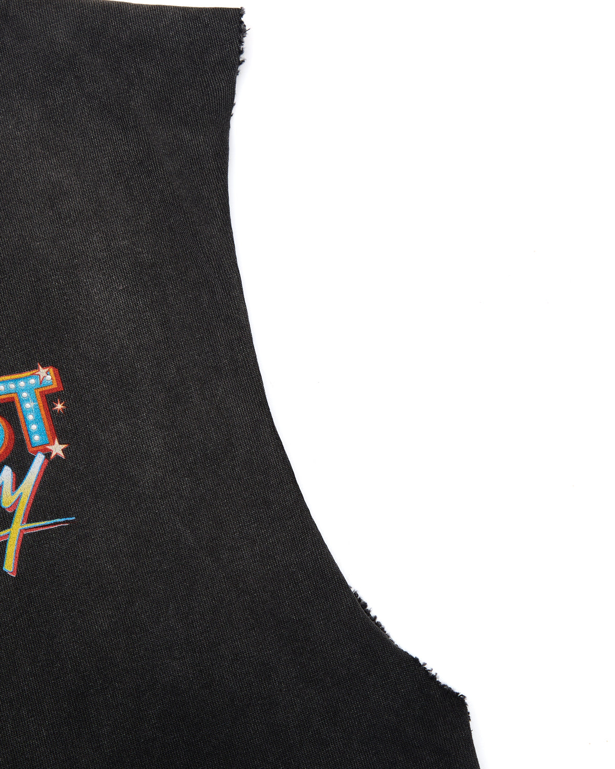 Black sleeve with colorful text design on a white background