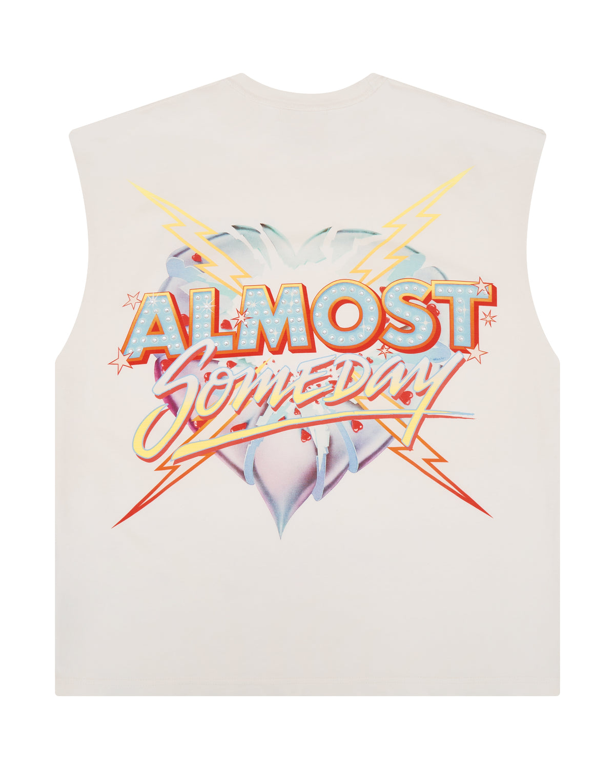 White sleeveless shirt with 'ALMOST SOMEDAY' graphic design on a white background