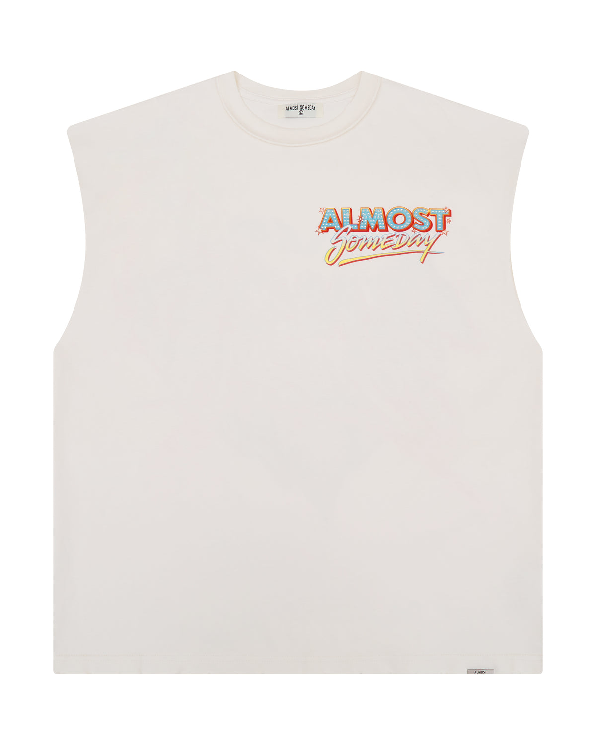 White sleeveless shirt with colorful text design on a white background