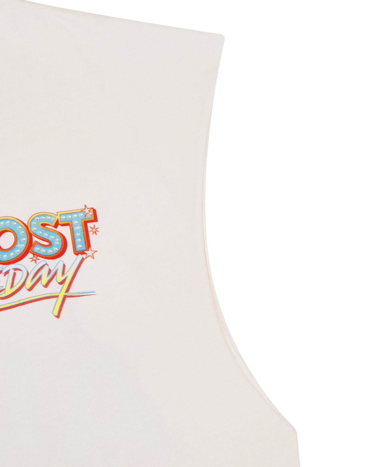 cream tank top with colorful text design on a white background