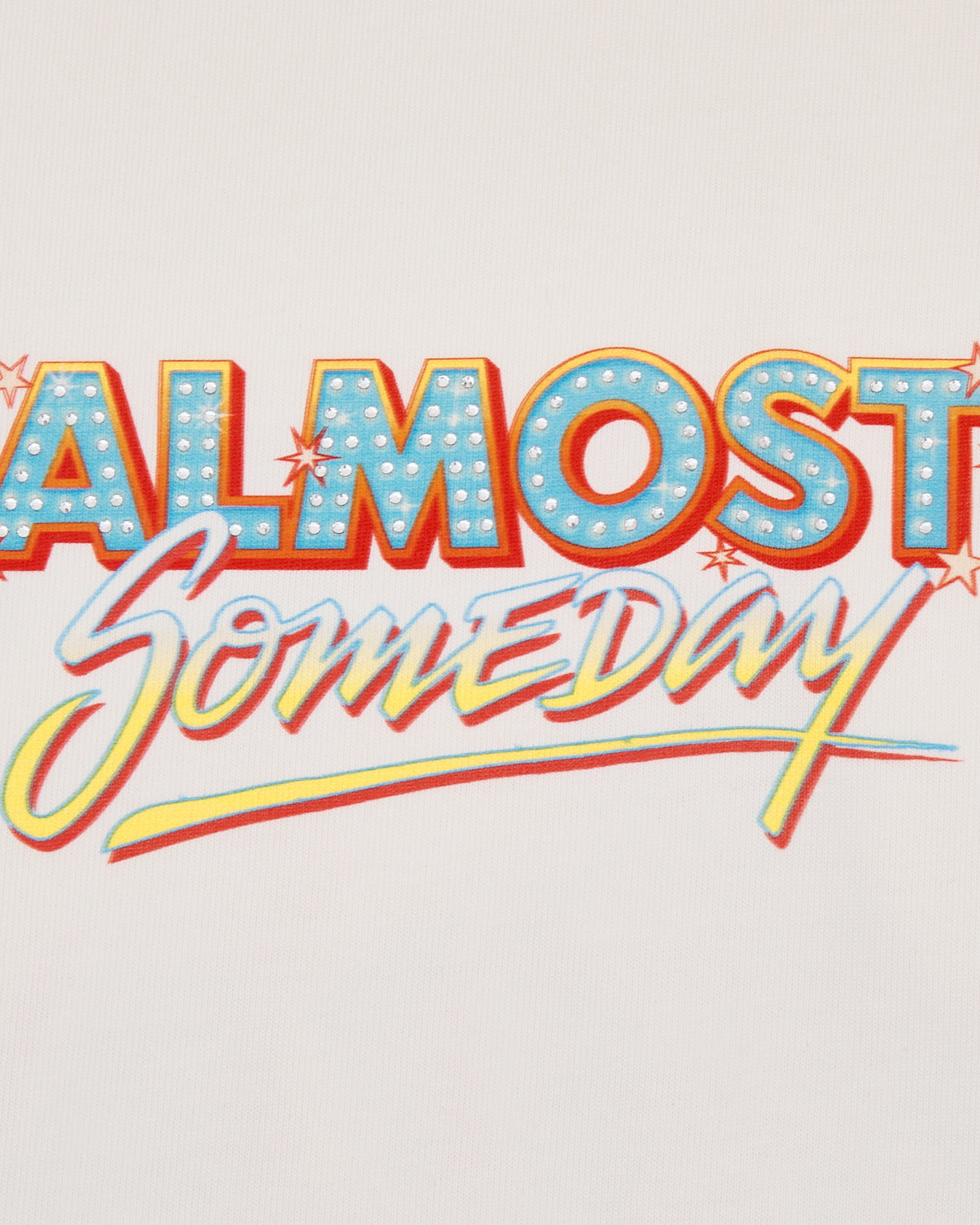 Colorful text 'ALMOST Someday' on a light background