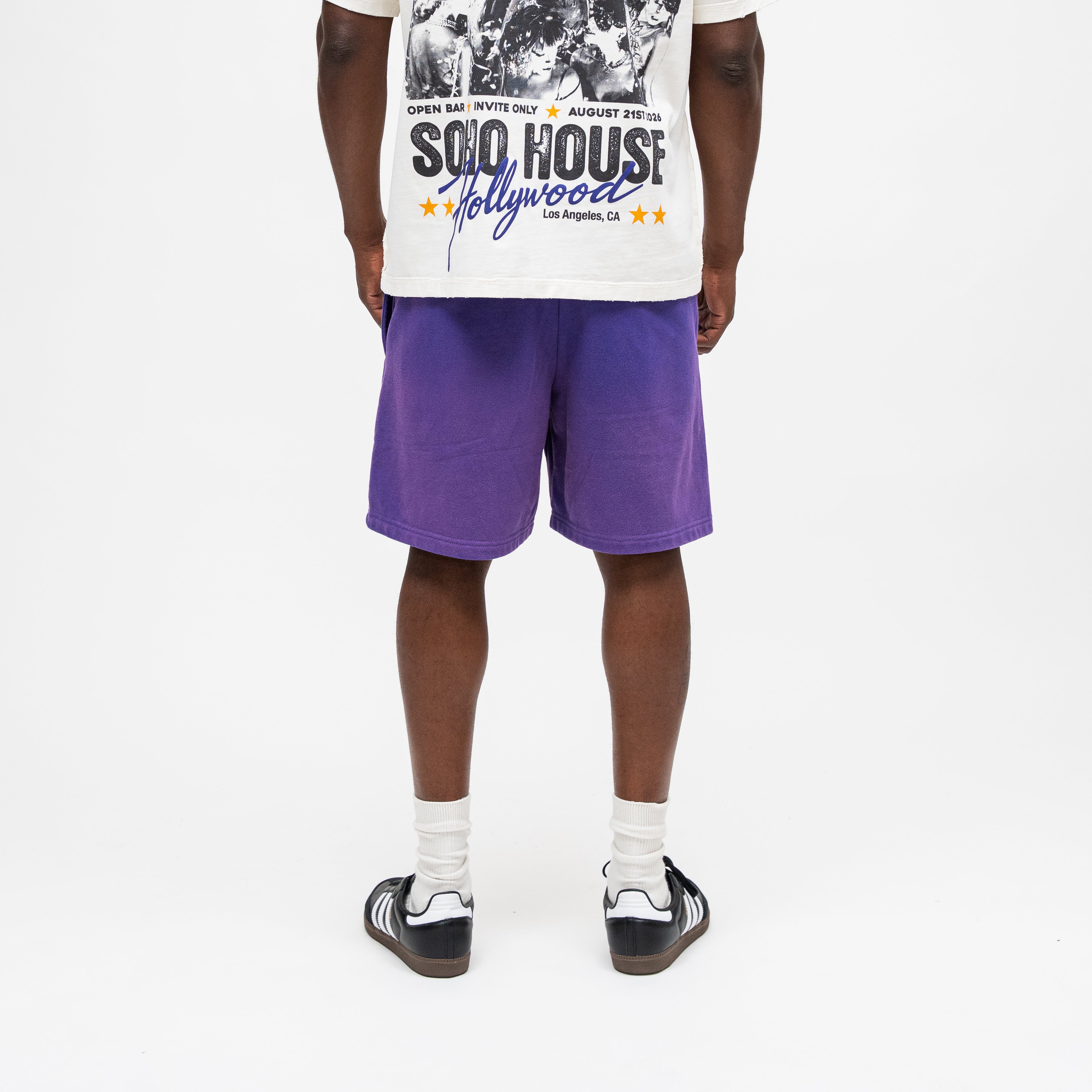 ALMOST SOMEDAY Soho Terry Shorts in Purple, back view