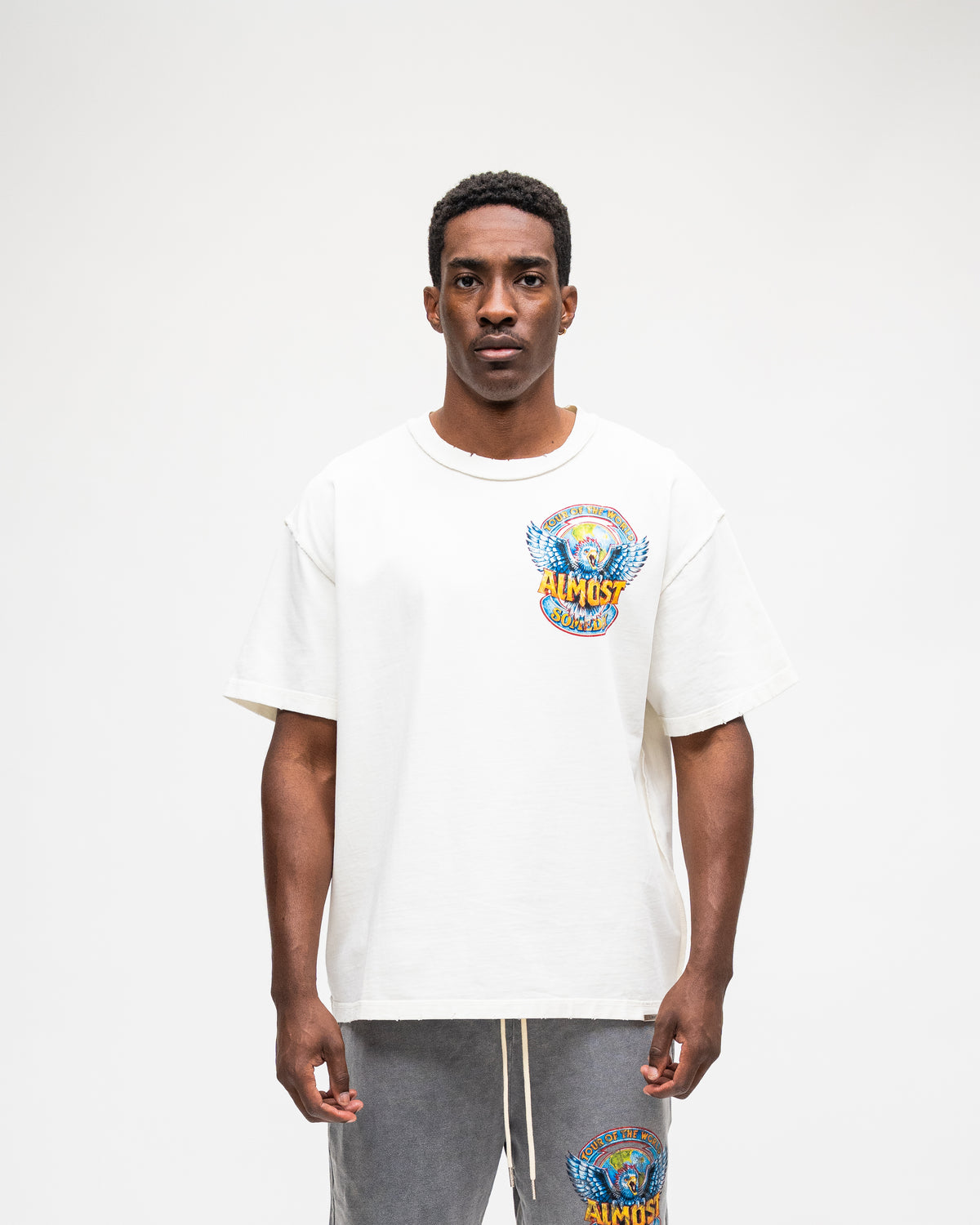 ALMOST SOMEDAY World Tee in Cream, front view