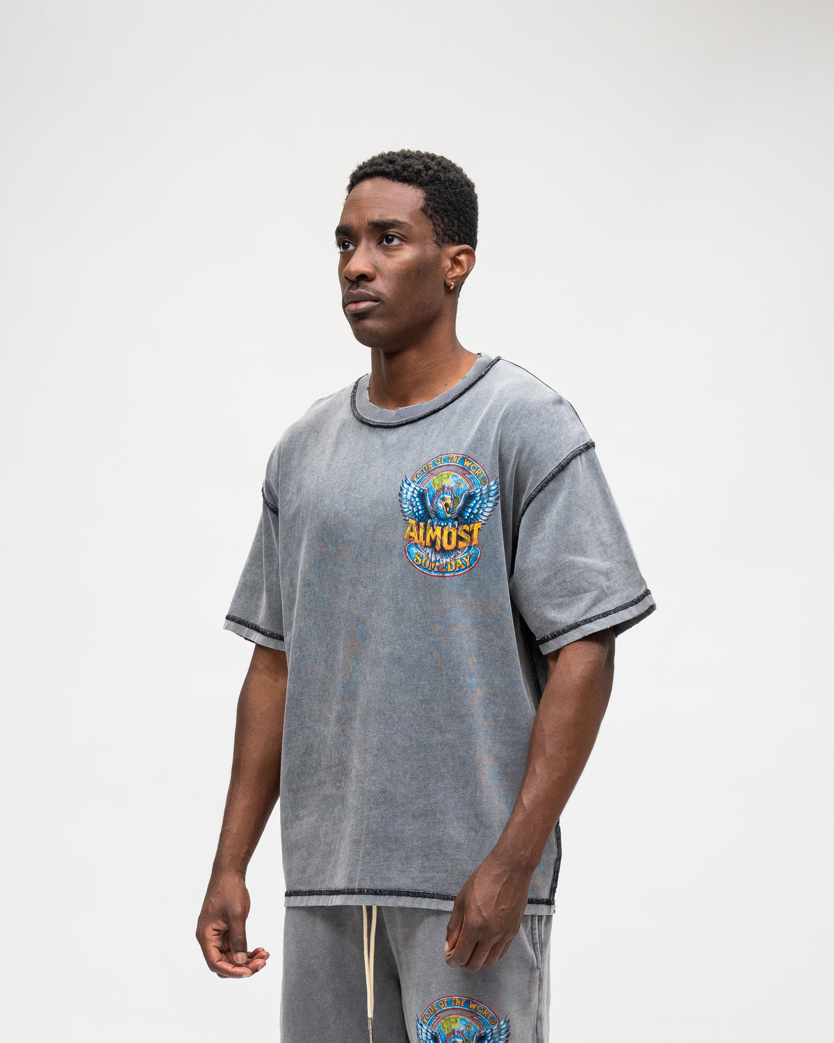 ALMOST SOMEDAY World Tee in Heavy Vintage Grey, detail view